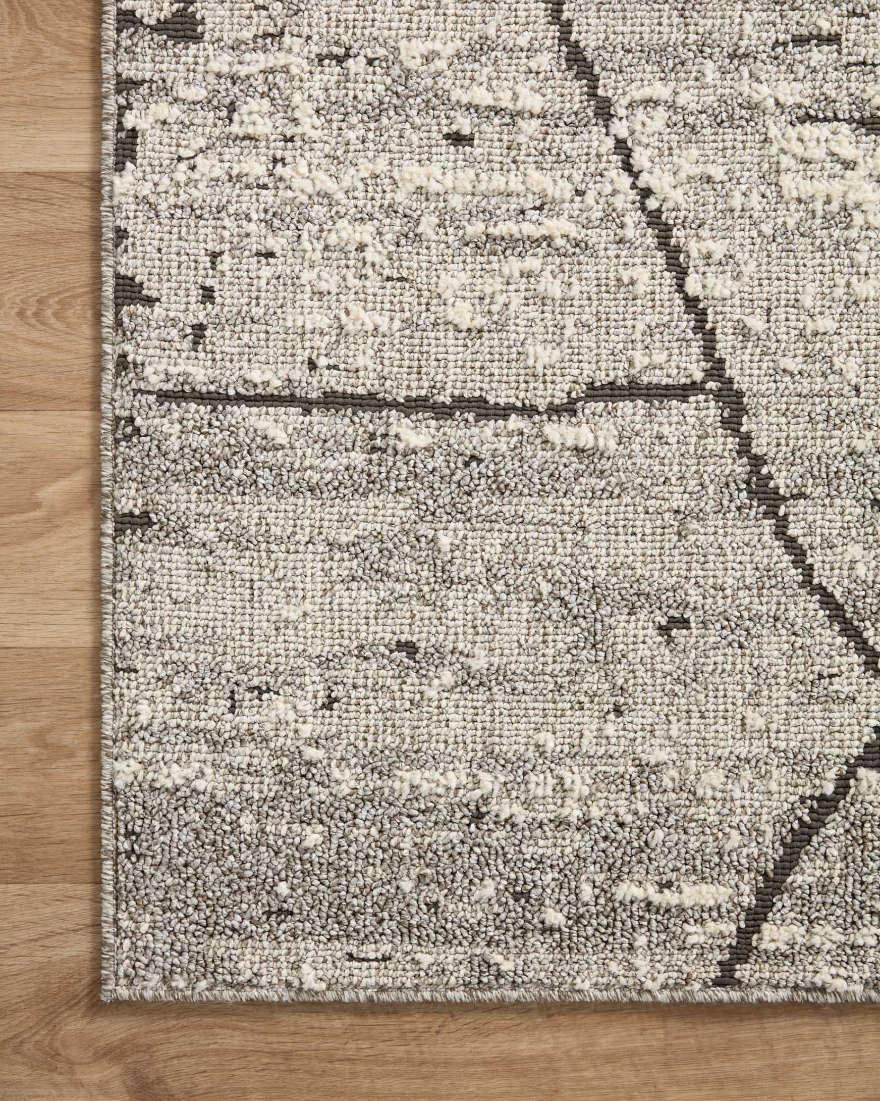 Flatweave runner rug with distressed geometric panels in light grey and dark charcoal