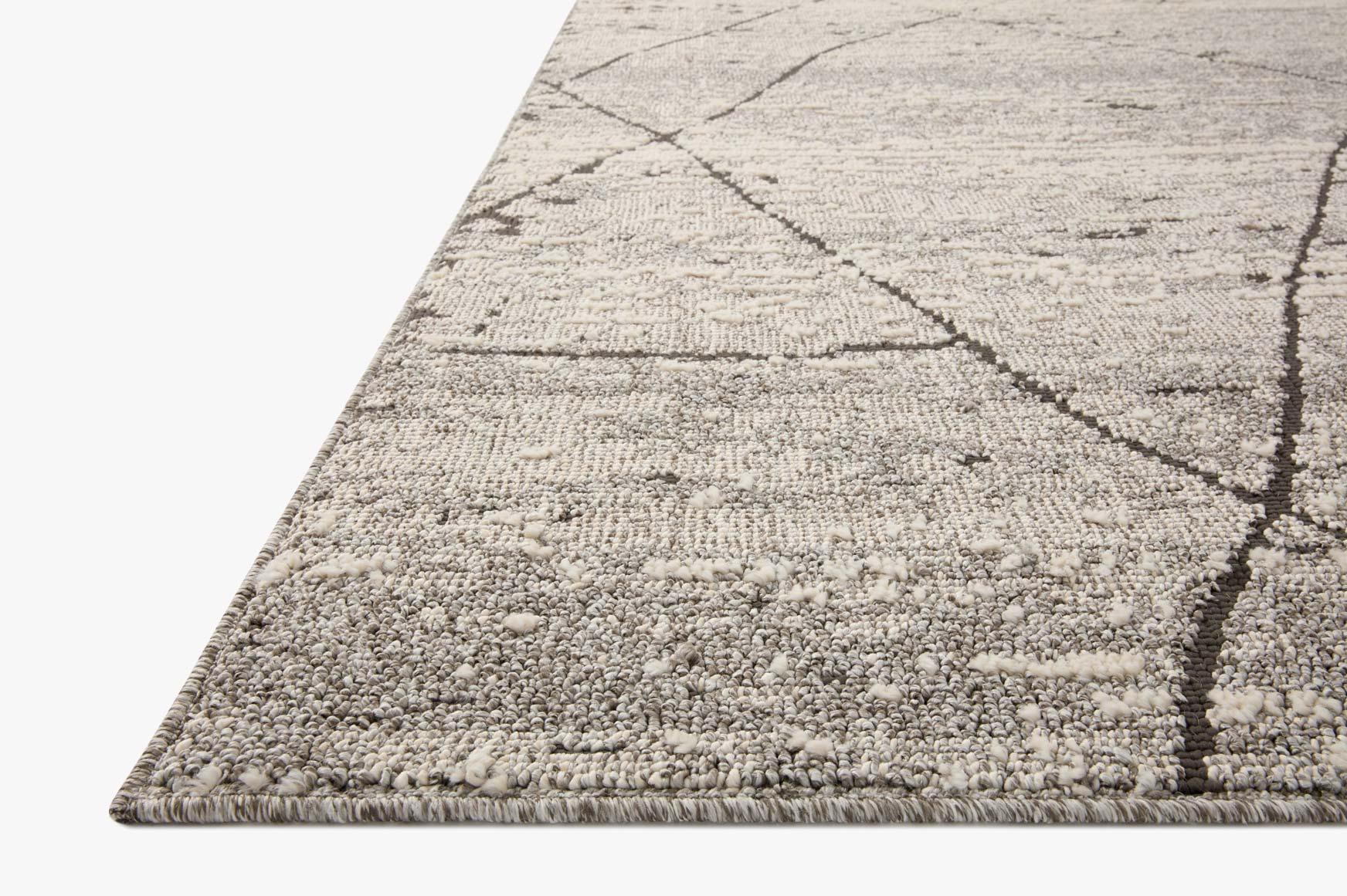 Light grey runner rug with dark grey diamond lattice and textured weave edge