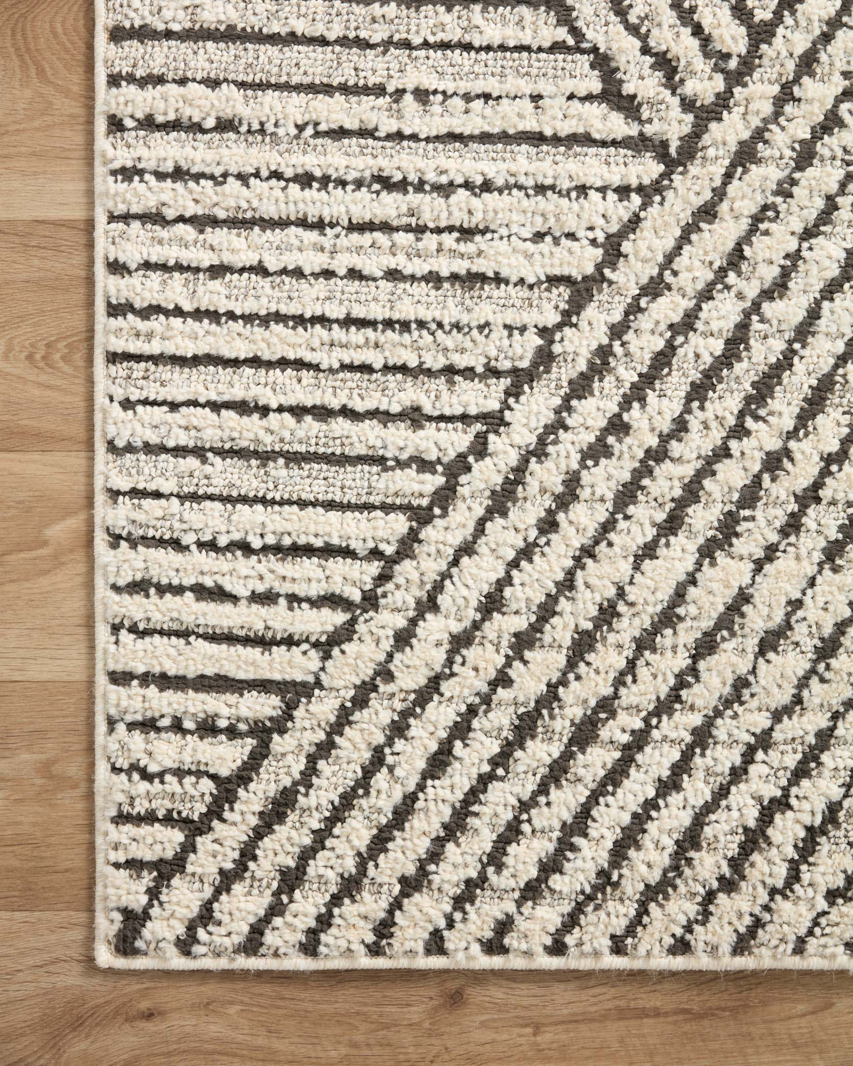 Ivory and charcoal geometric accent rug with diagonal stripes and textured woven surface.
