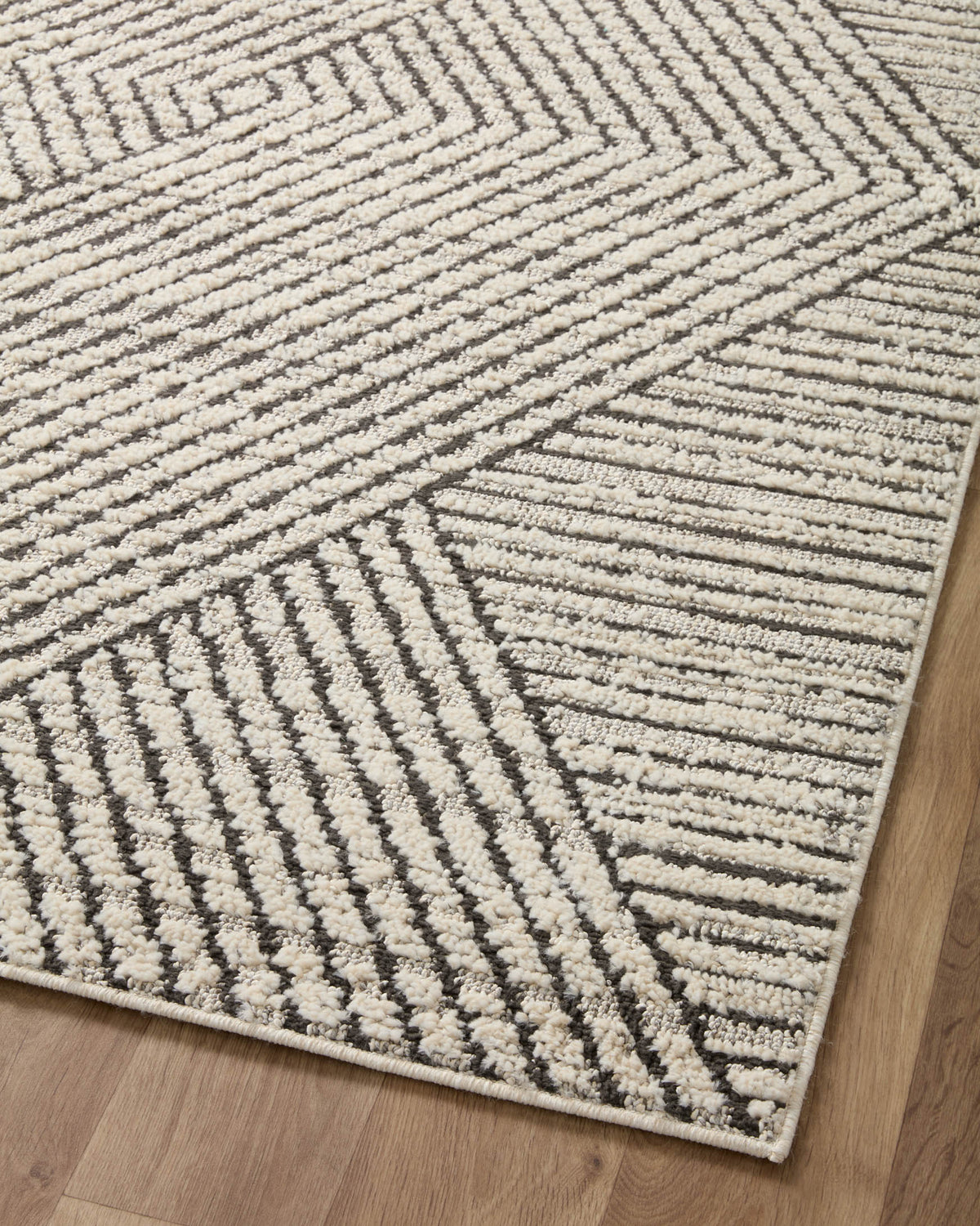 Ivory and charcoal geometric accent rug with repeating linework pattern, flat pile.