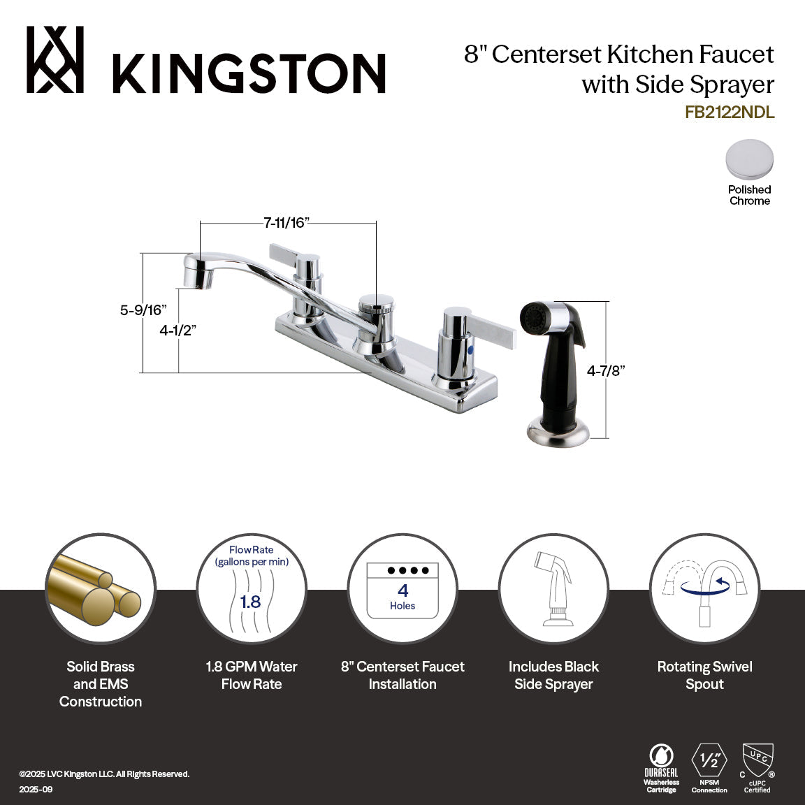 NuvoFusion Double-Handle 8" Centerset Kitchen Faucet with Side Sprayer in Polished Chrome