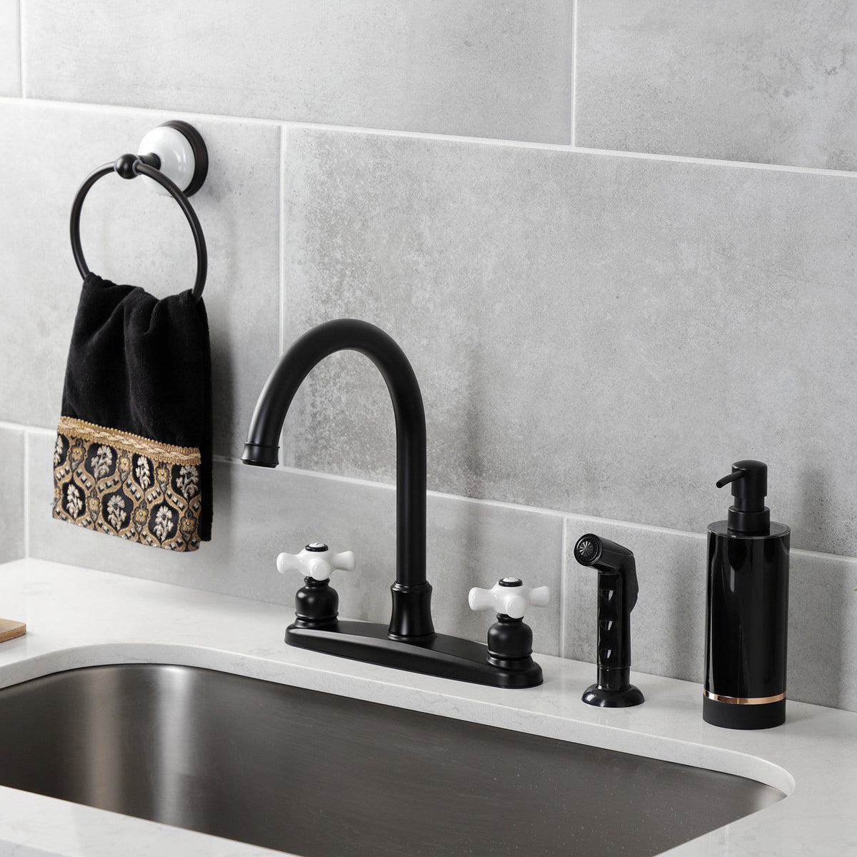 Victorian Double-Handle 8" Centerset Kitchen Faucet with Side Sprayer in Matte Black