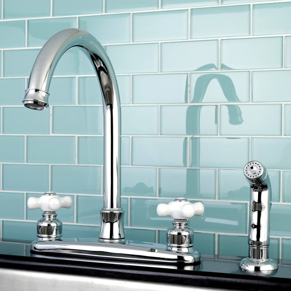 Victorian Double-Handle 8" Centerset Kitchen Faucet with Side Sprayer in Polished Chrome
