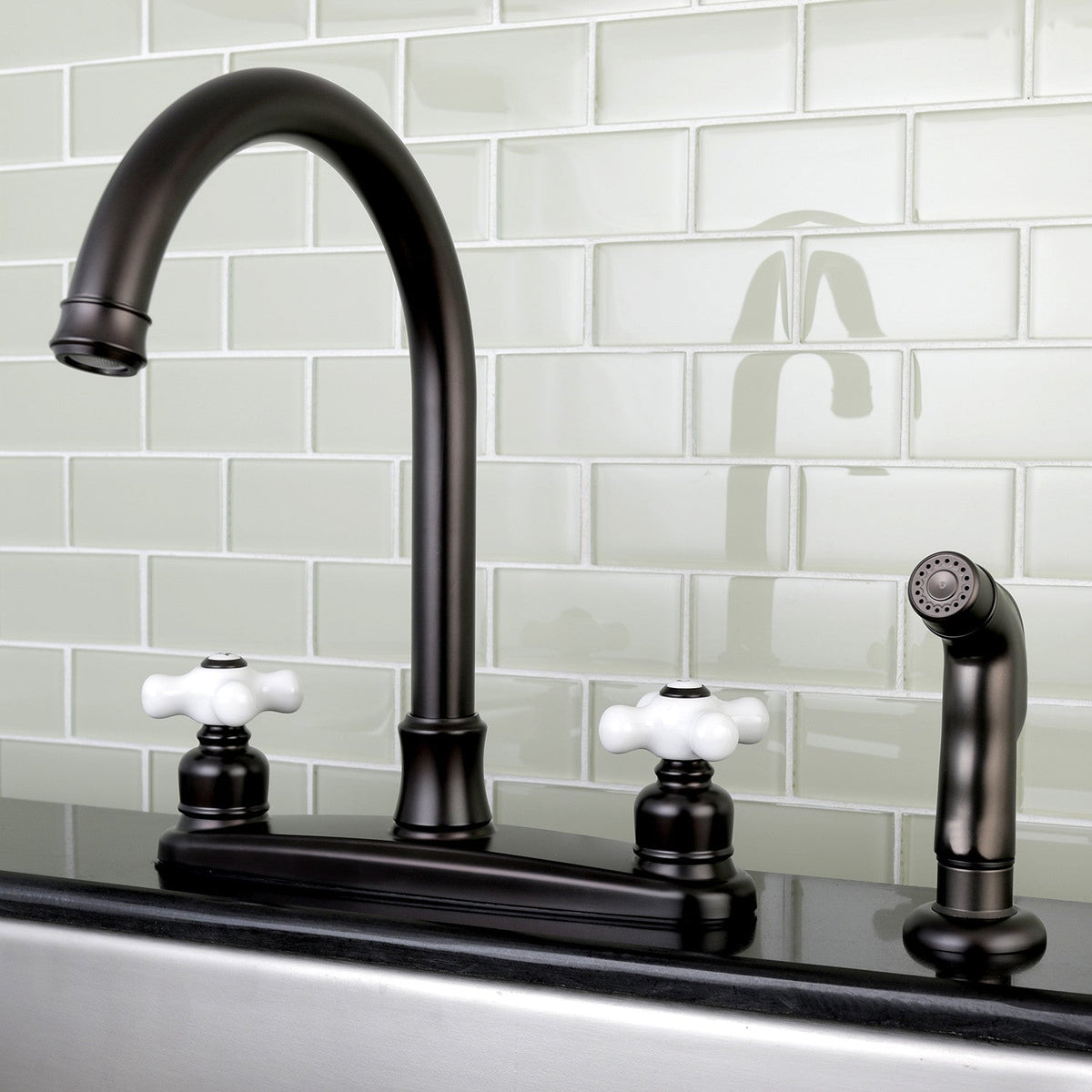Victorian Double-Handle 8" Centerset Kitchen Faucet with Side Sprayer in Oil Rubbed Bronze