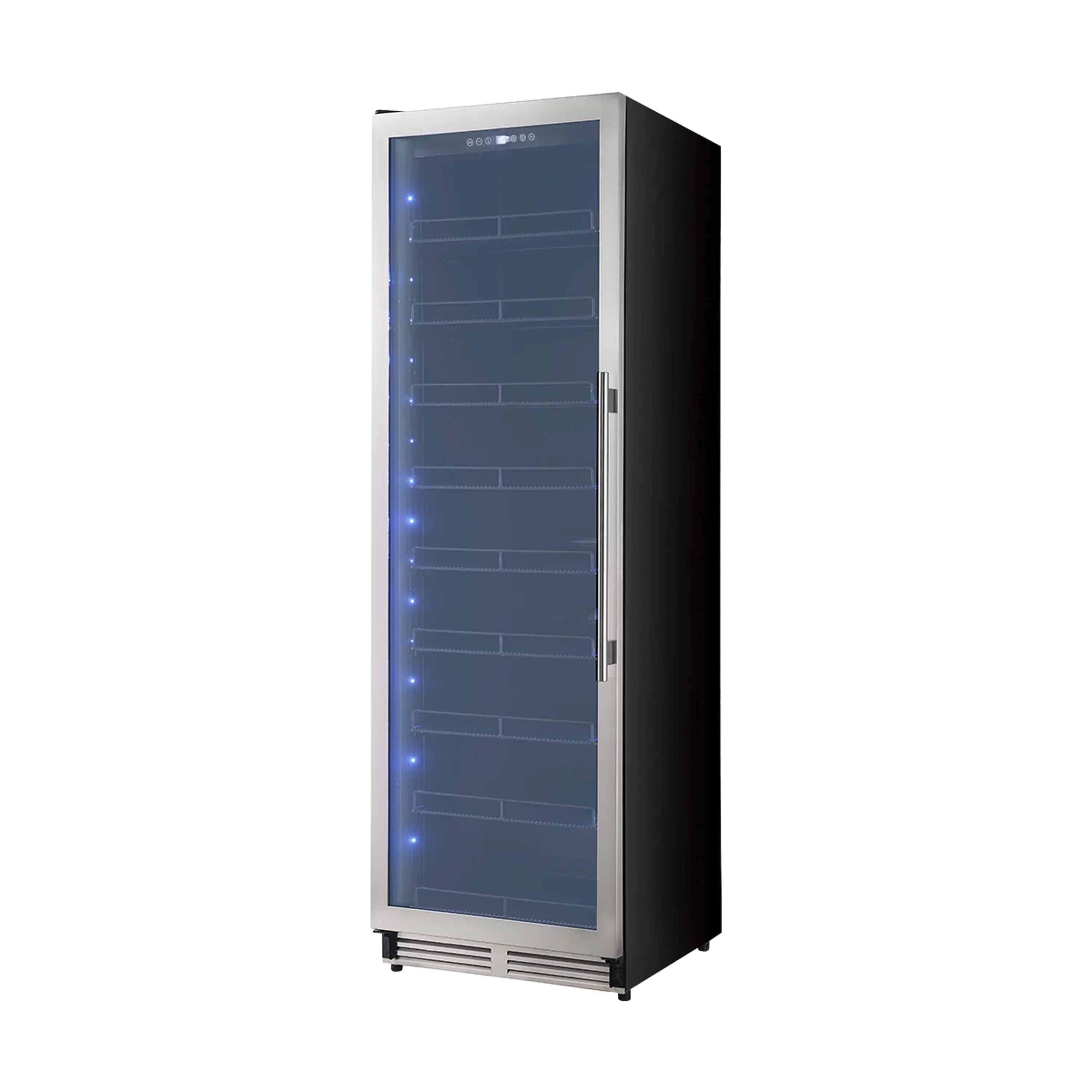 Stainless steel beverage cooler with dark glass door and blue LED lighting