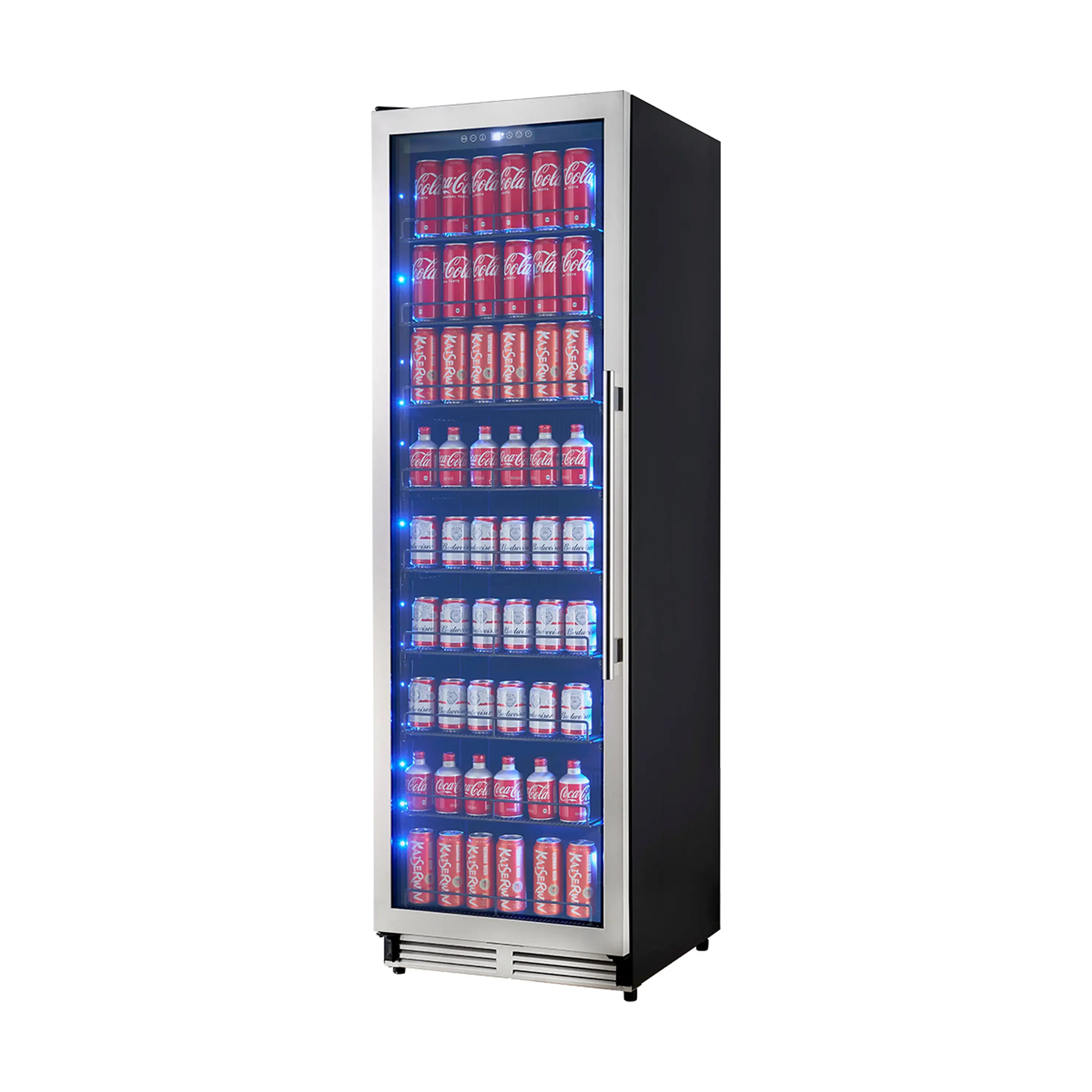 Beverage cooler with open door showing illuminated Coca-Cola can display