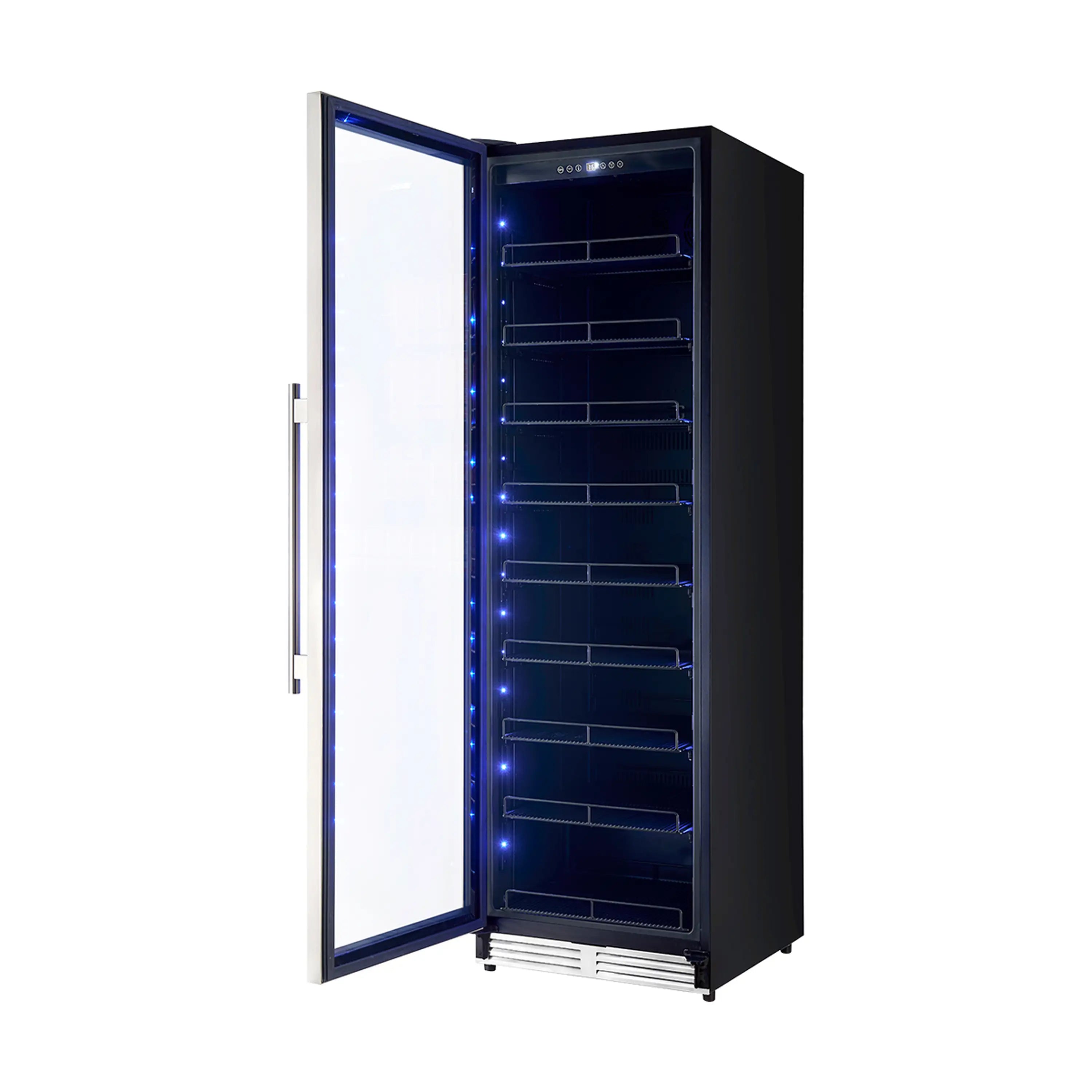 Stainless steel beverage cooler with open door and blue LED interior shelves