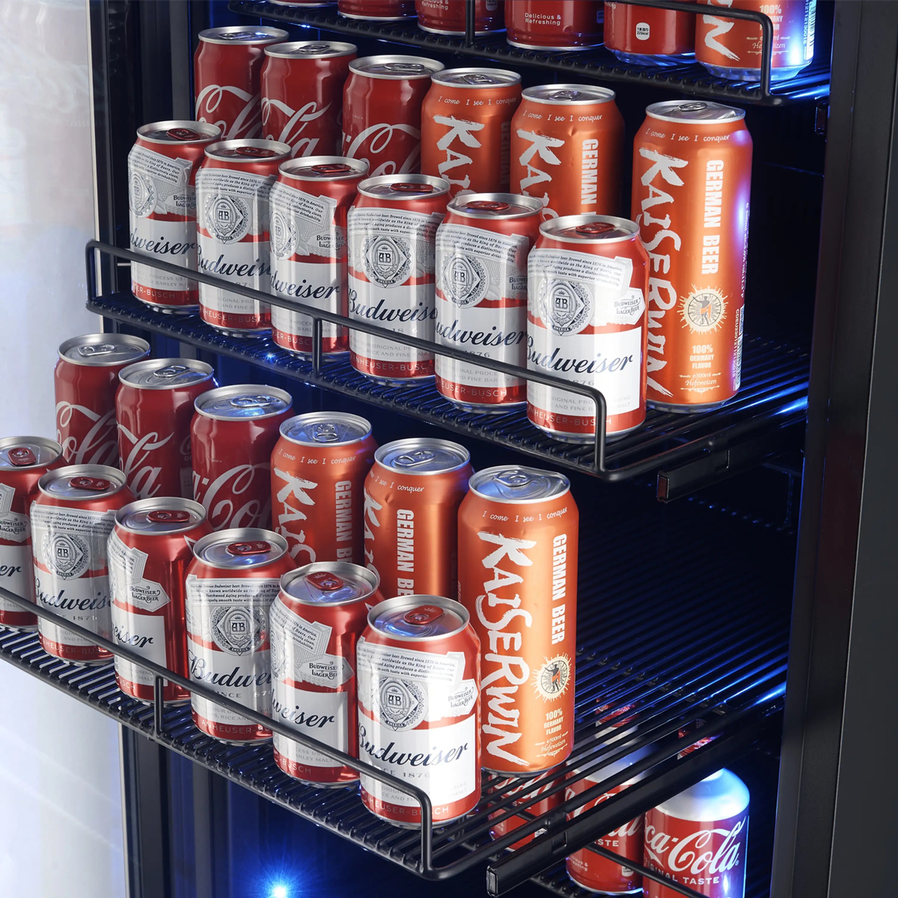 Beverage cooler with blue LED shelves packed with red and silver soda cans