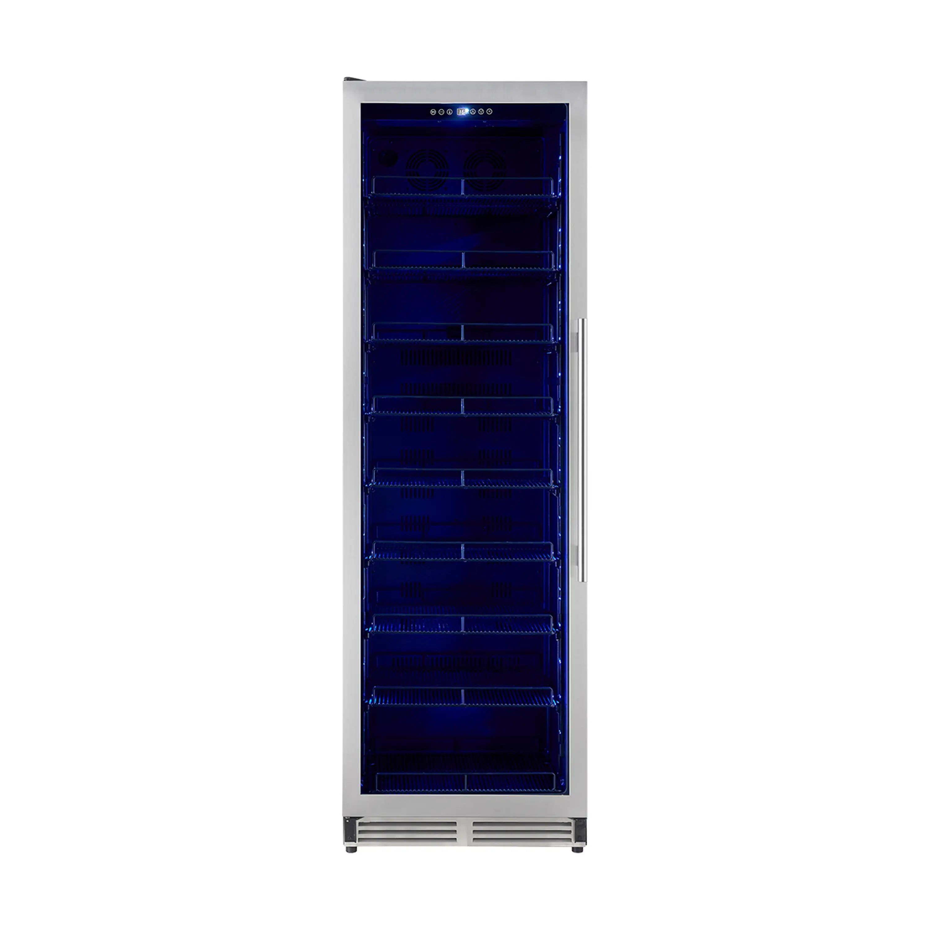 Light-colored beverage cooler with closed glass door and blue LED interior shelves