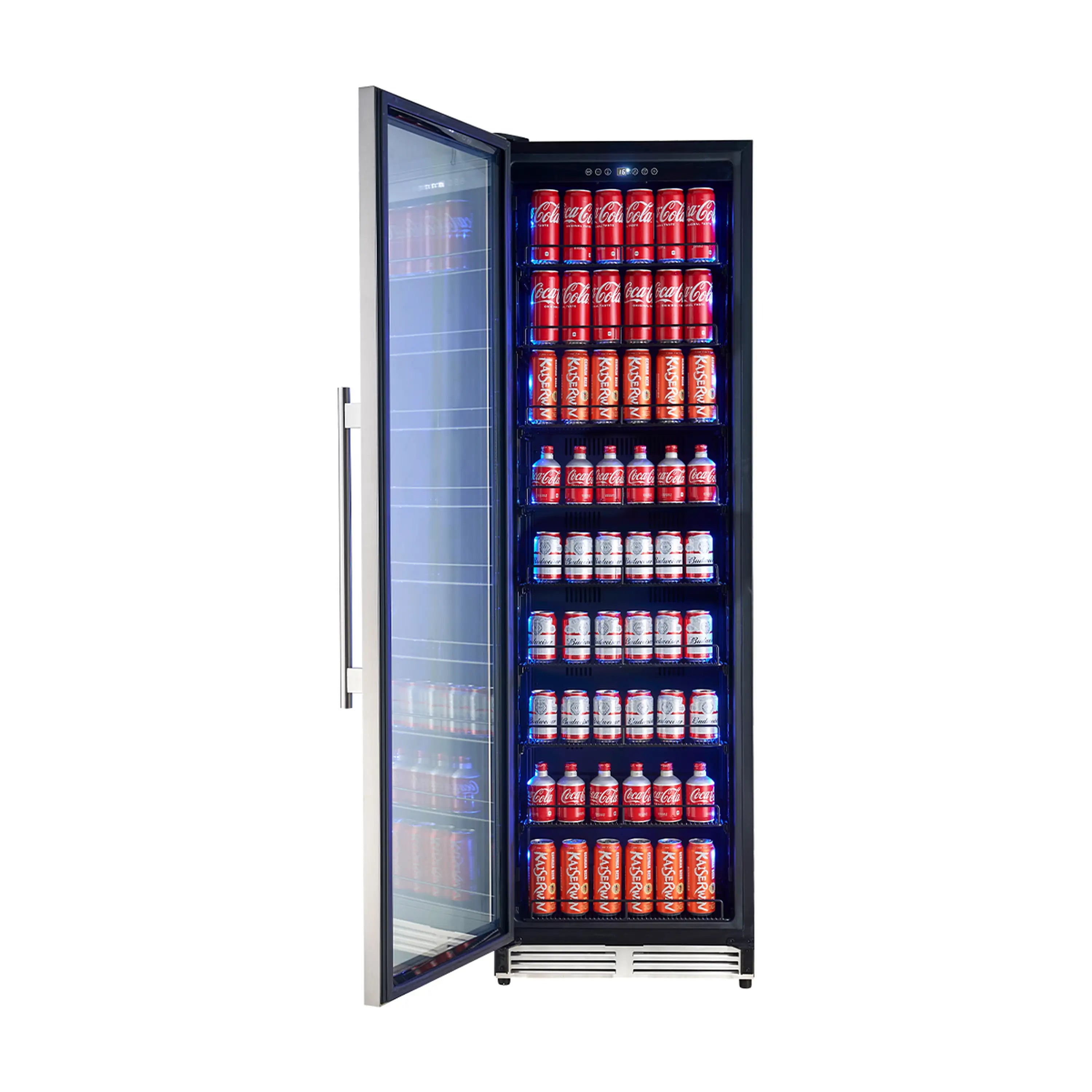 Tall beverage cooler with door open, interior filled with red Coca-Cola cans