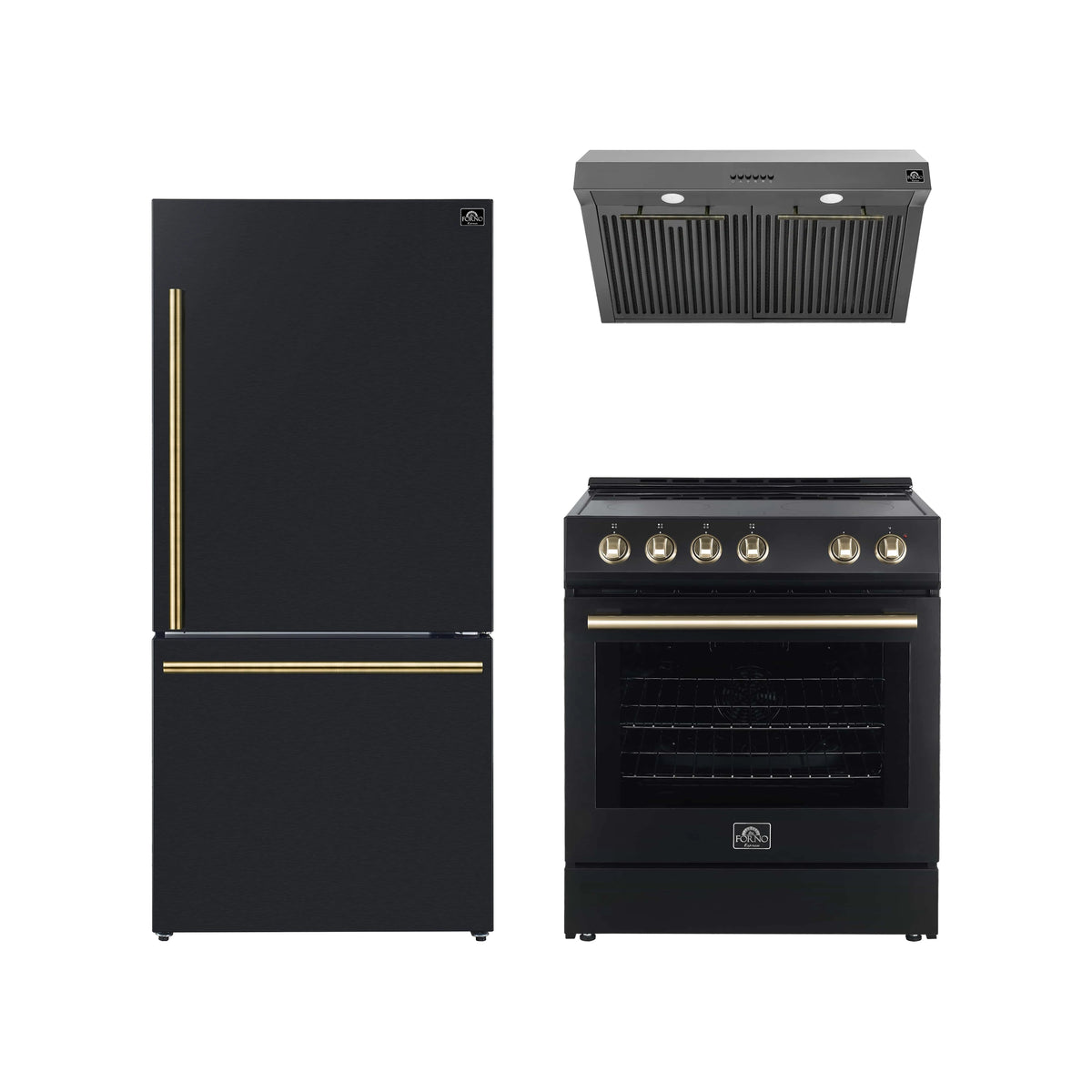 Forno Espresso 3-Piece Appliance Package - 30-Inch Electric Range with 5.0 Cu.Ft. Electric Oven, Refrigerator, and Under Cabinet Range Hood in Black with Antique Brass Trim (FBDL-001-02US)