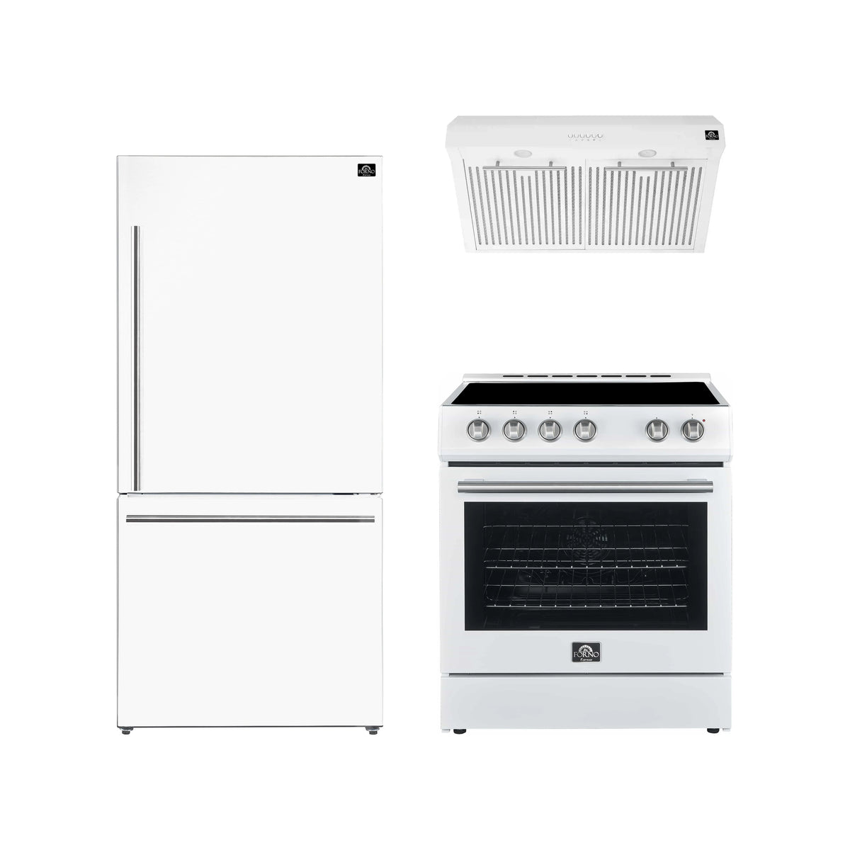 Forno Espresso 3-Piece Appliance Package - 30-Inch Electric Range with 5.0 Cu.Ft. Electric Oven, Refrigerator, and Under Cabinet Range Hood in White with Stainless Steel Trim (FBDL-001-03US)