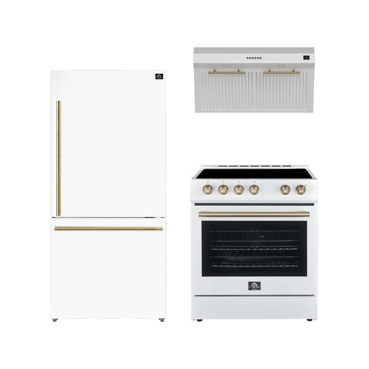 Forno Espresso 3-Piece Appliance Package - 30-Inch Electric Range with 5.0 Cu.Ft. Electric Oven, Refrigerator, and Under Cabinet Range Hood in White with Antique Brass Trim (FBDL-001-03US)