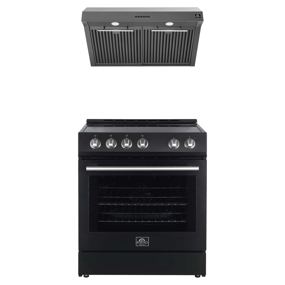 Forno Espresso 2-Piece Appliance Package - 30-Inch Electric Range with 5.0 Cu.Ft. Electric Oven and Under Cabinet Range Hood in Black with Stainless Steel Trim (FBDL-002-02US)