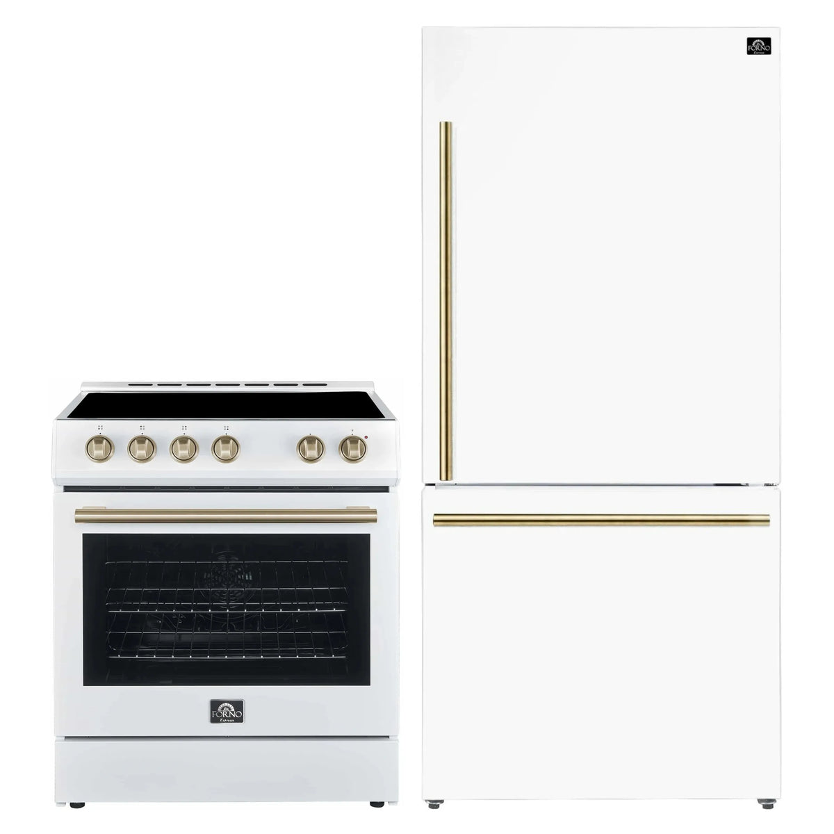Forno Espresso 2-Piece Appliance Package - 30-Inch Electric Range with 5.0 Cu.Ft. Electric Oven and Refrigerator in White with Antique Brass Trim