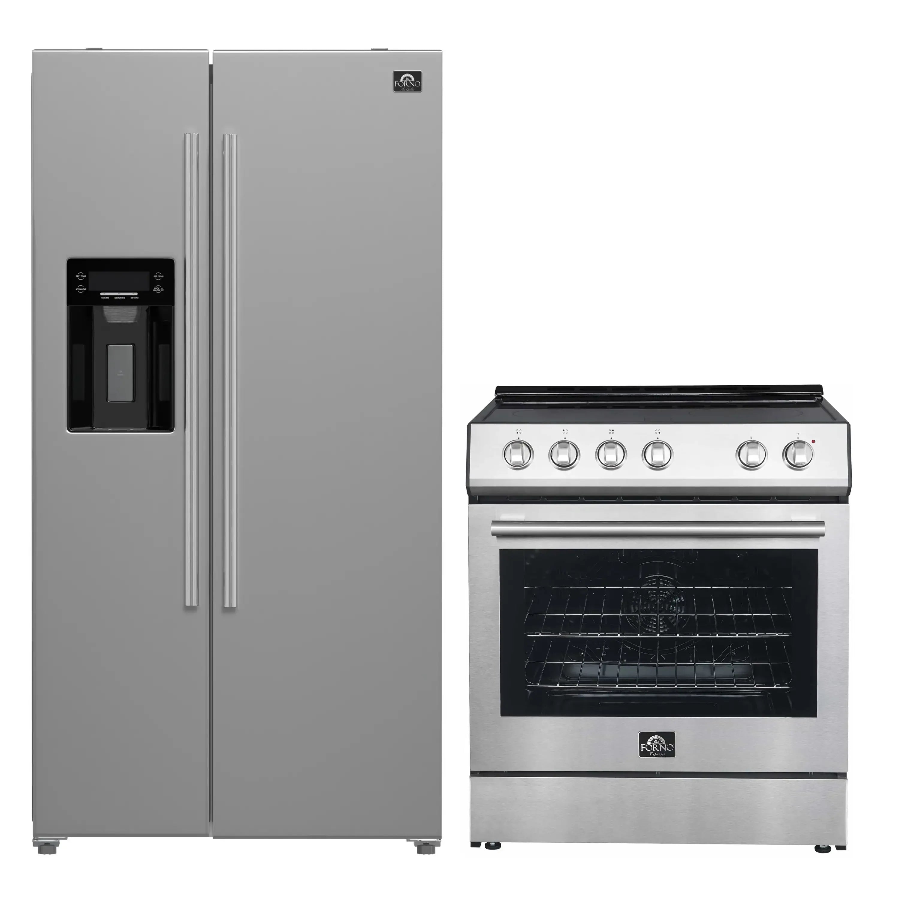 Stainless refrigerator and electric range front view