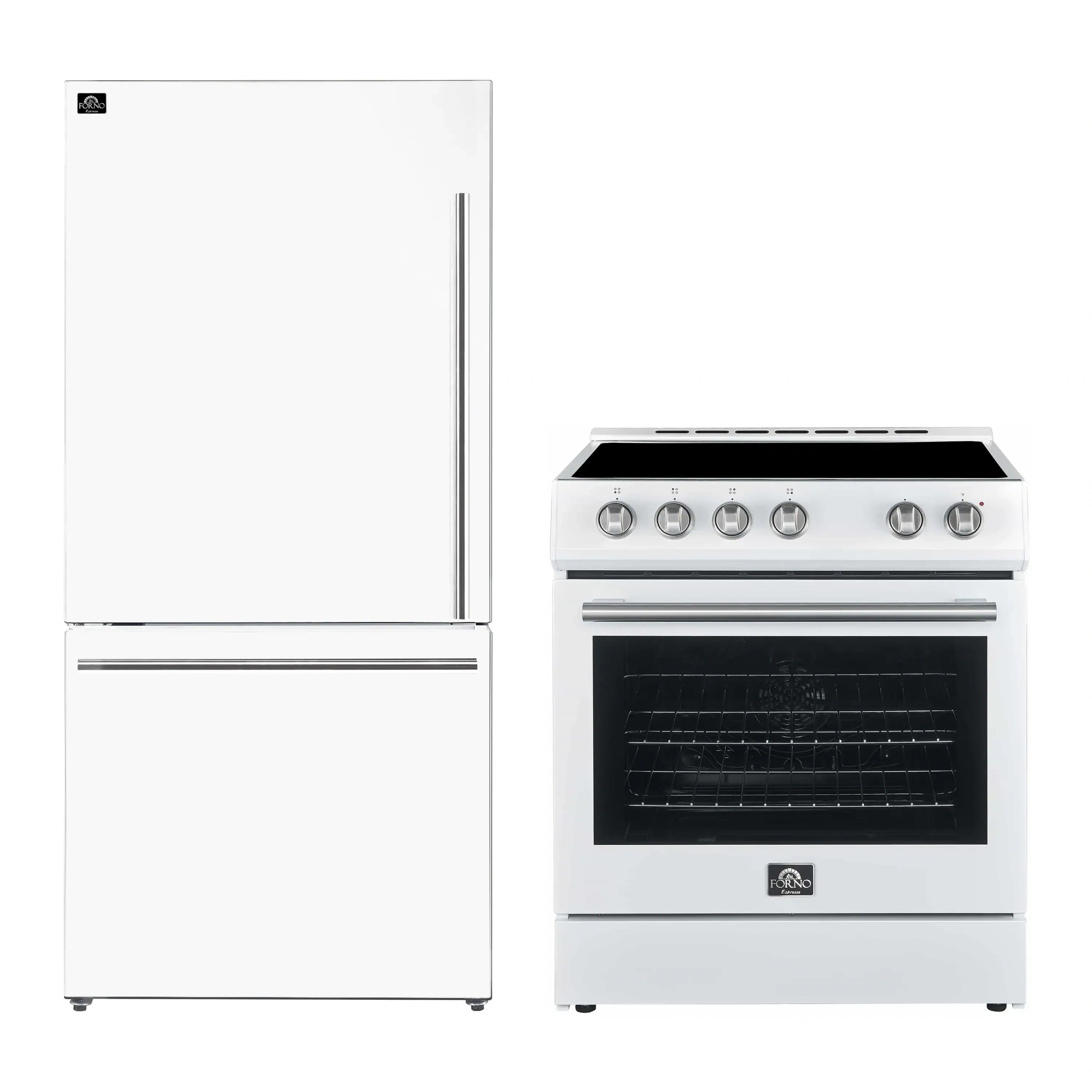 White refrigerator paired with 30-inch electric range and stainless steel control knobs