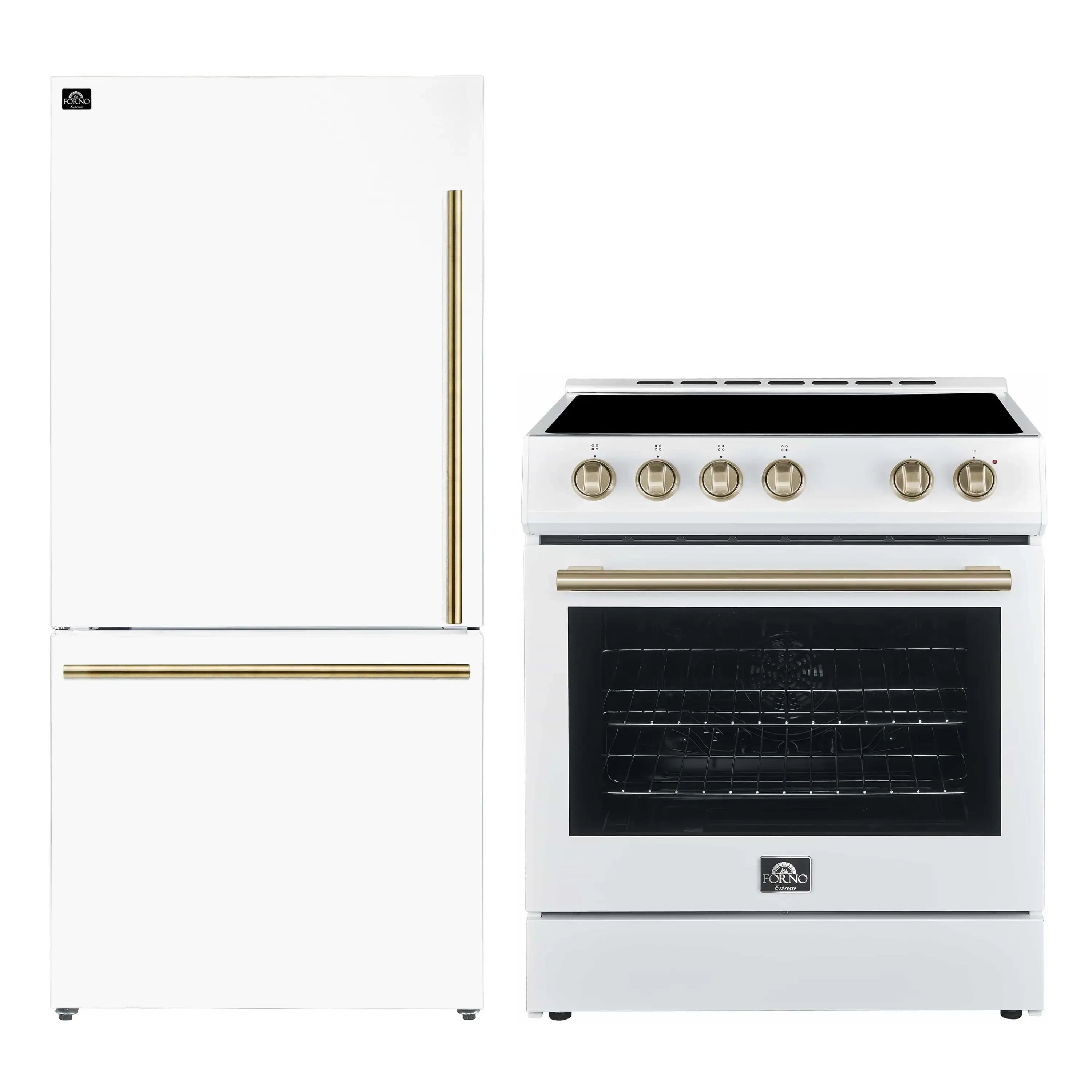 White refrigerator and electric range side-by-side with brass accents