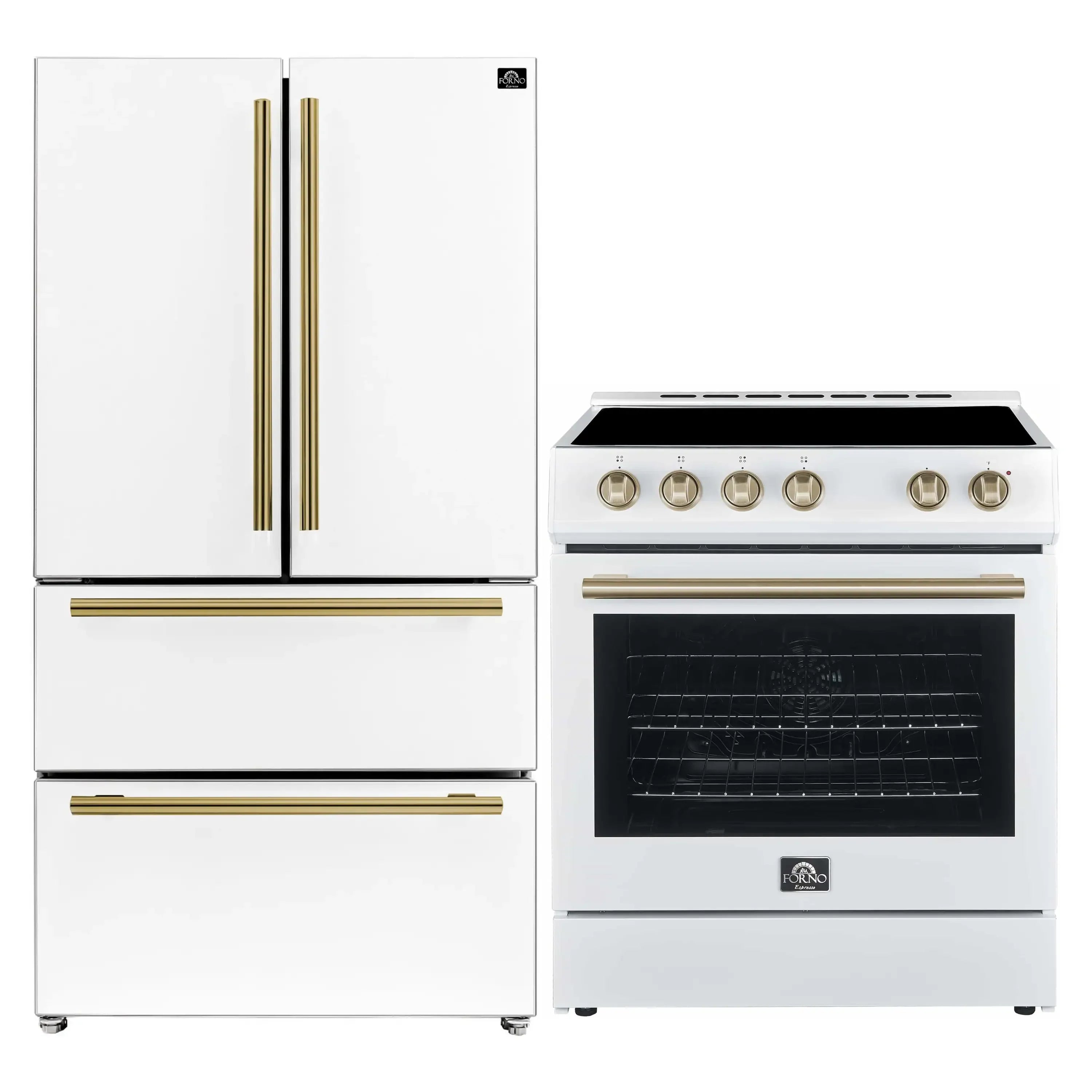 White electric range and French door refrigerator set with brass accents