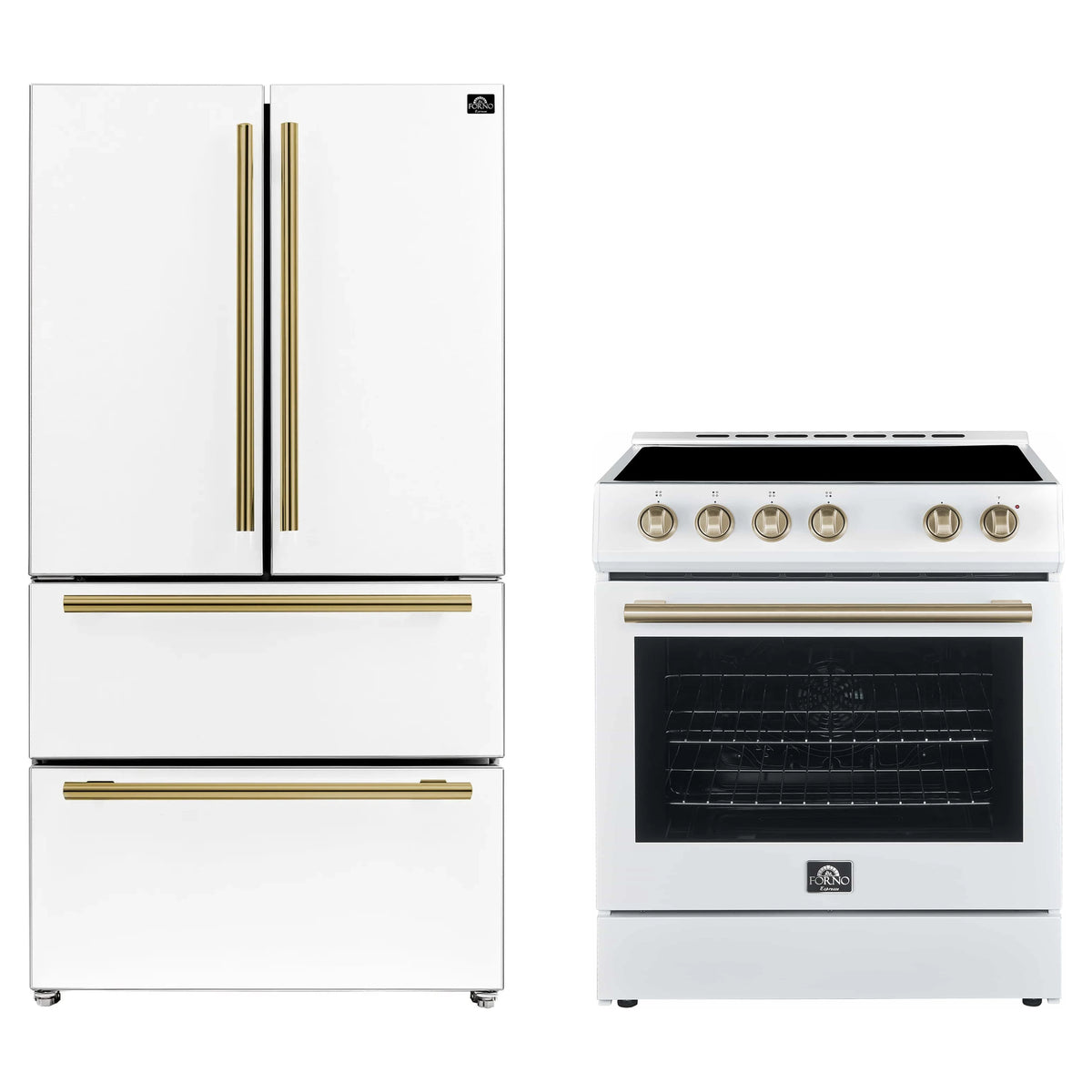 Forno 2-Piece Appliance Package - 30-Inch Electric Range and 36-Inch French Door Refrigerator in White with Antique Brass Trim (FBDL-003-09US)