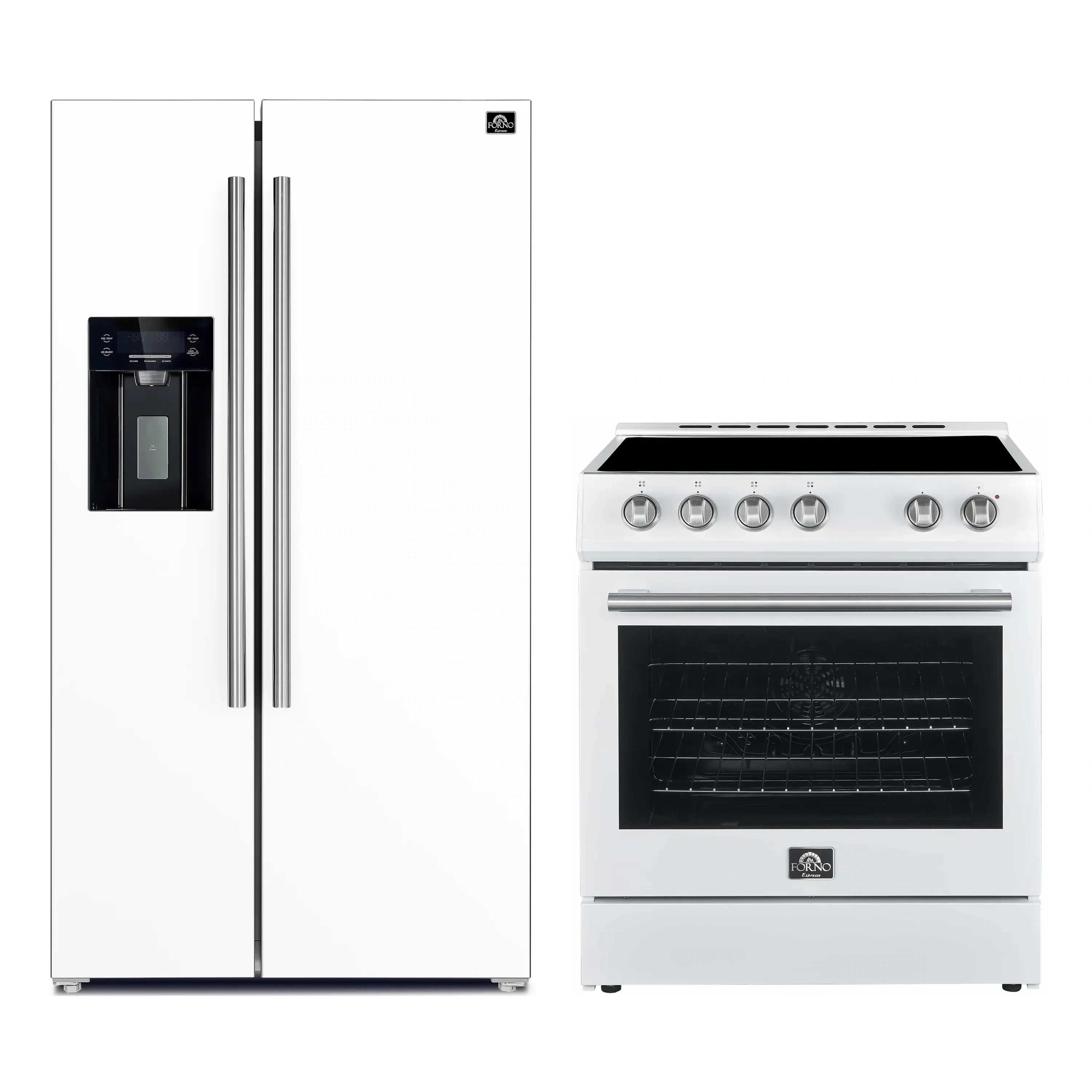 Two-piece white electric range and side-by-side refrigerator with stainless handles