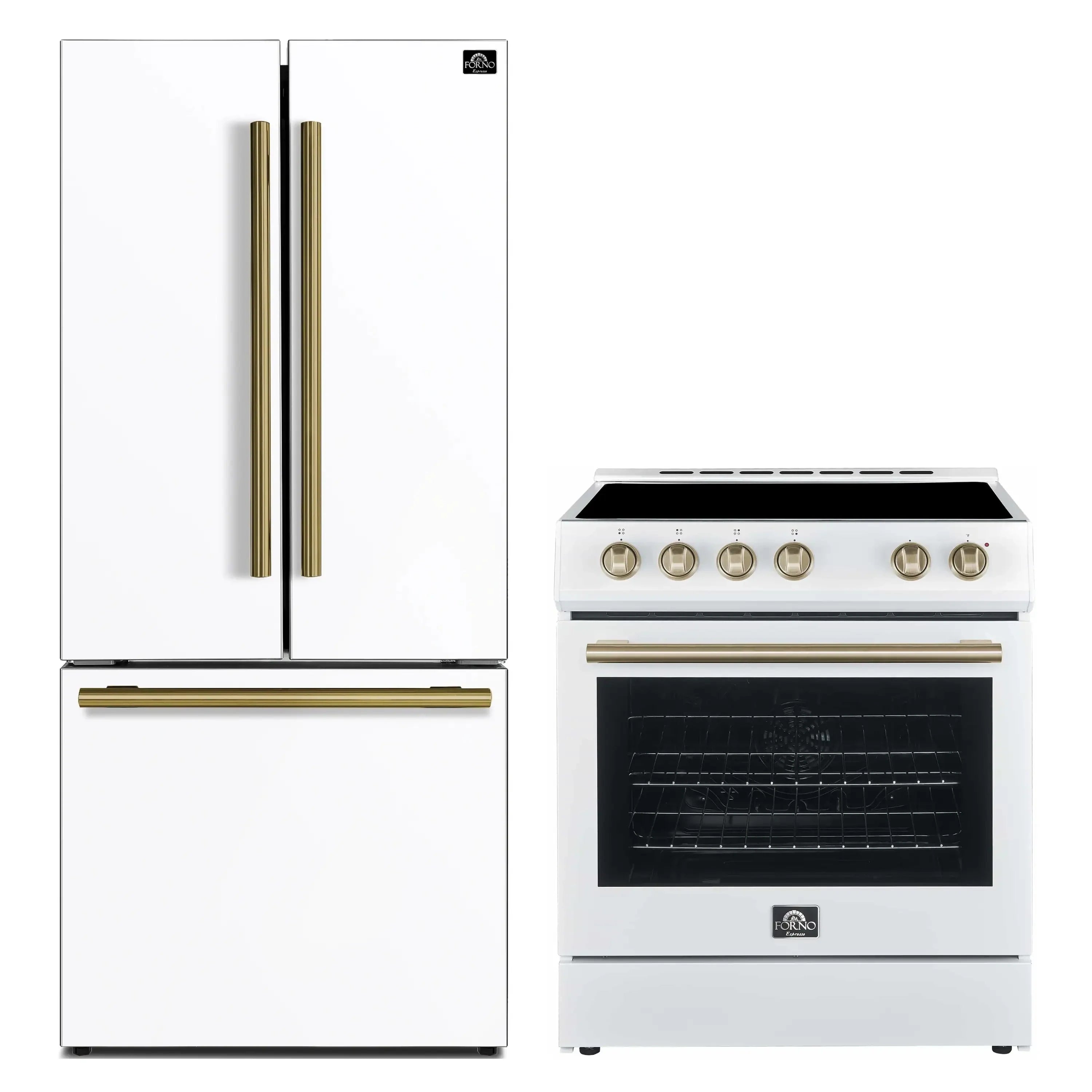 White electric range and refrigerator set with antique brass handles