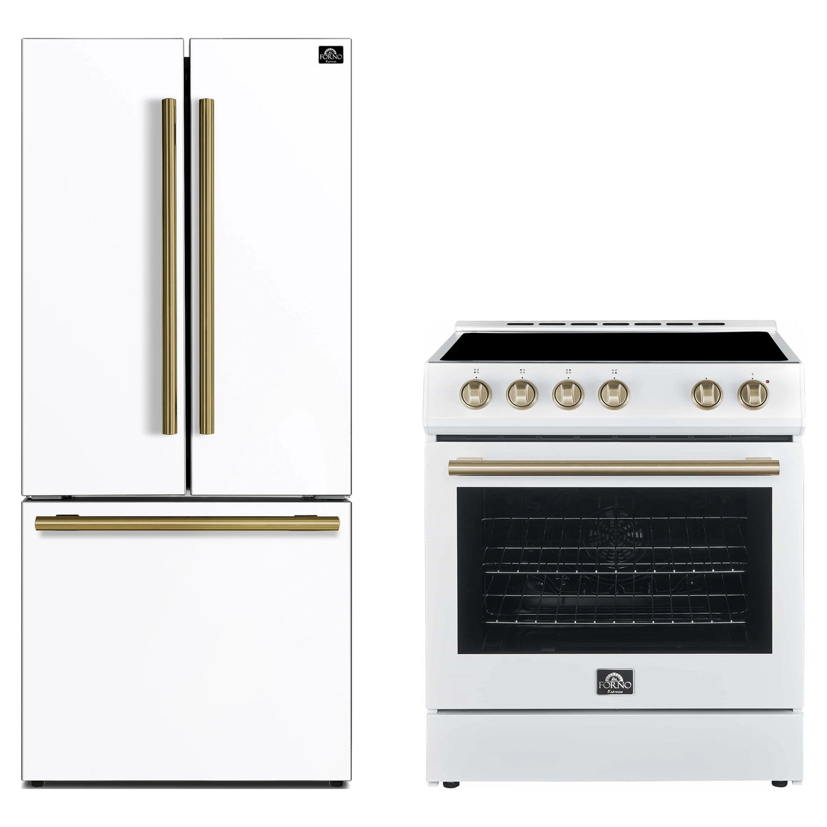 Forno 2-Piece Appliance Package - 30-Inch Electric Range and 30-Inch Refrigerator in White with Antique Brass Trim (FBDL-003-11US)