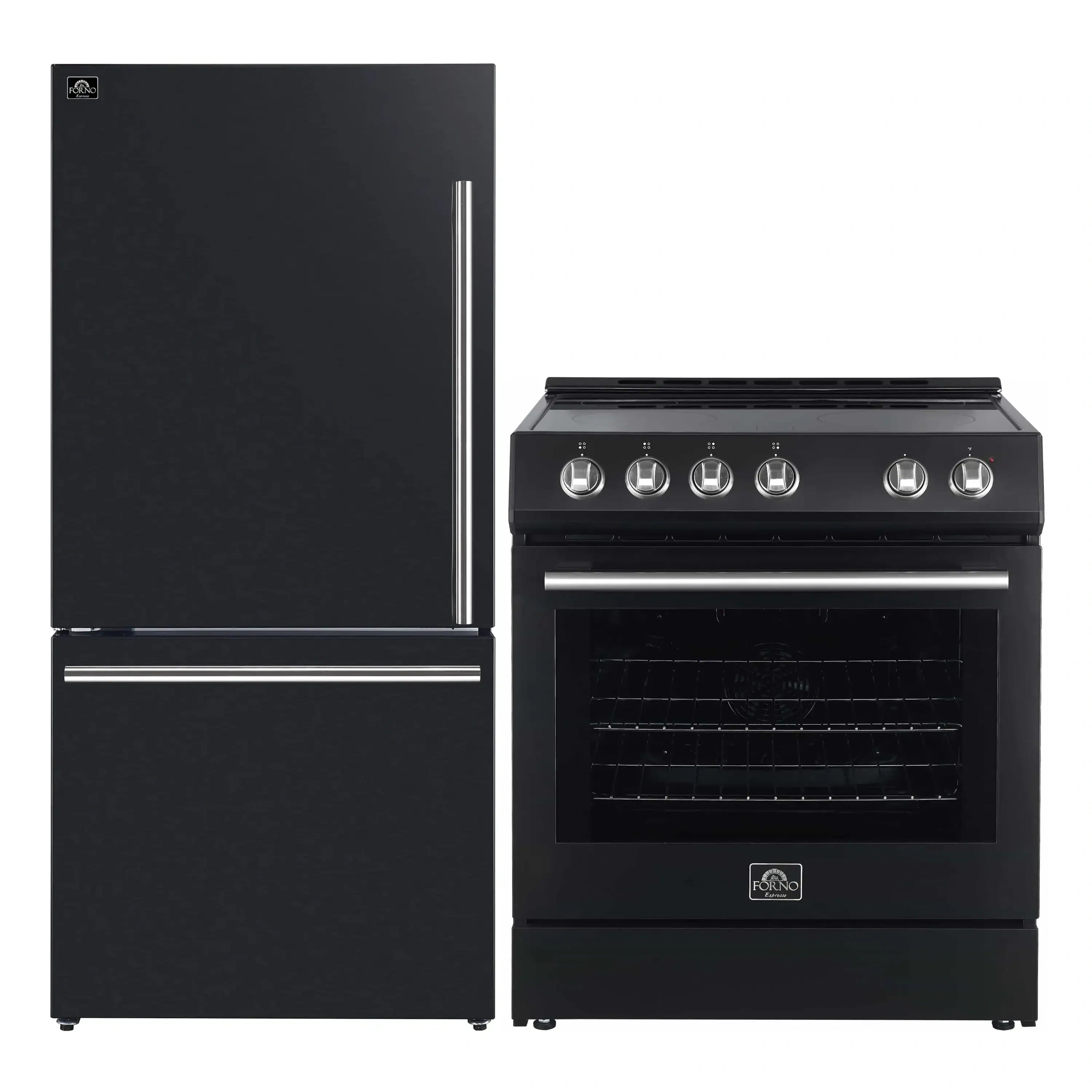 Black refrigerator and electric range set with stainless steel handles