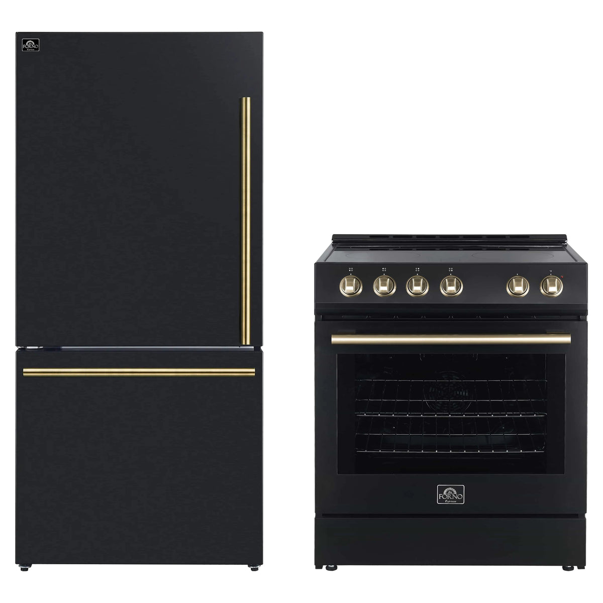 Forno 2-Piece Appliance Package - 30-Inch Electric Range and 31-Inch Refrigerator in Black with Antique Brass Trim (FBDL-003-12US)