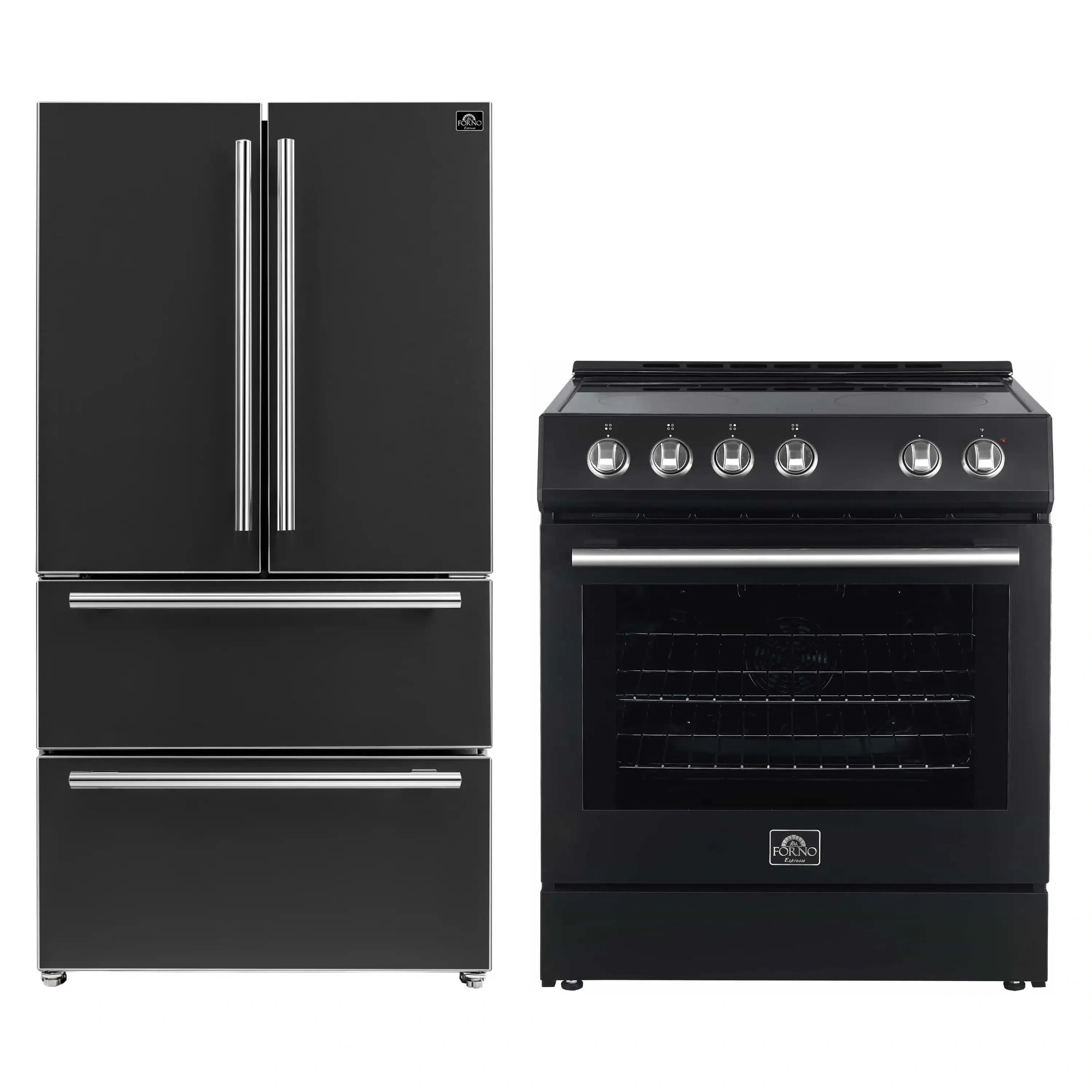 2-piece black electric range and French-door refrigerator with stainless handles