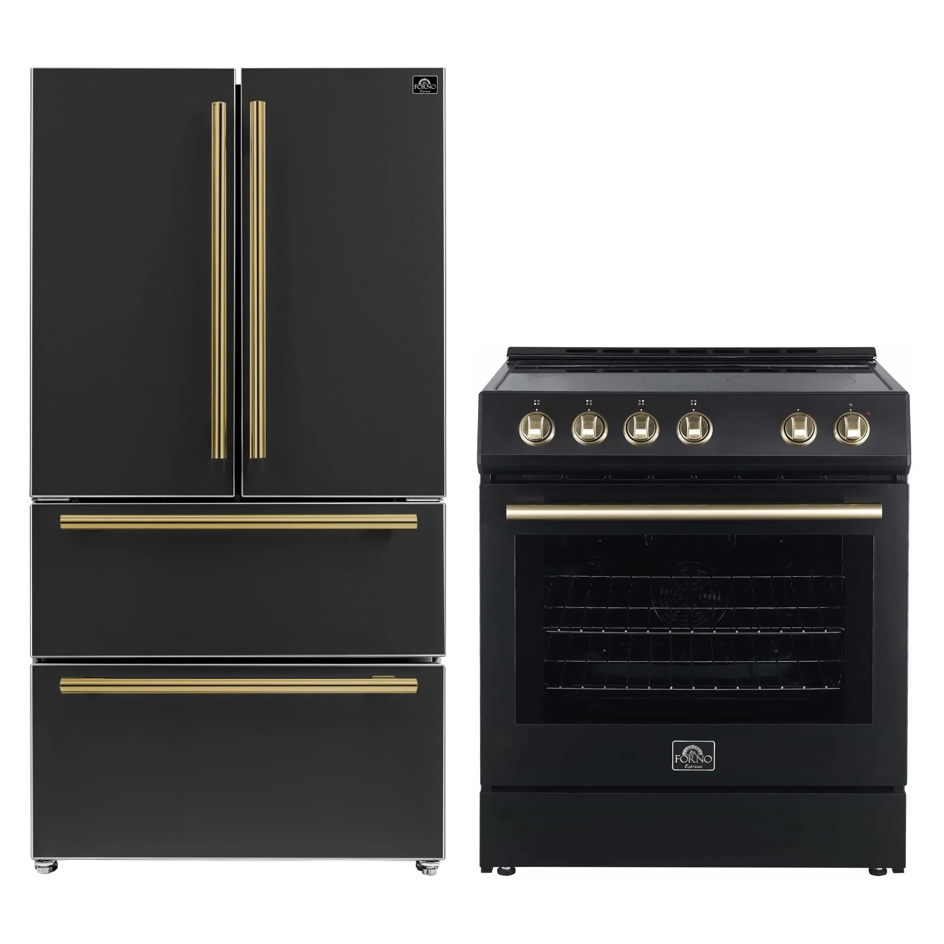 Black electric range and French door refrigerator with antique brass handles