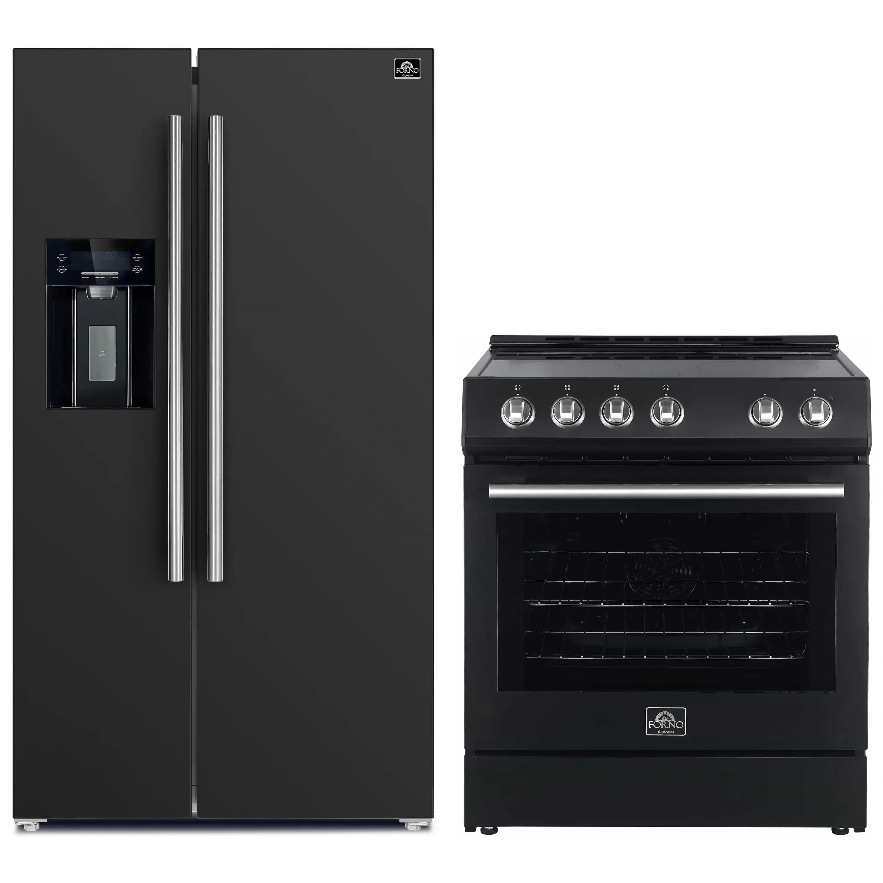 Appliance bundle with black electric range and black side-by-side refrigerator with dispenser