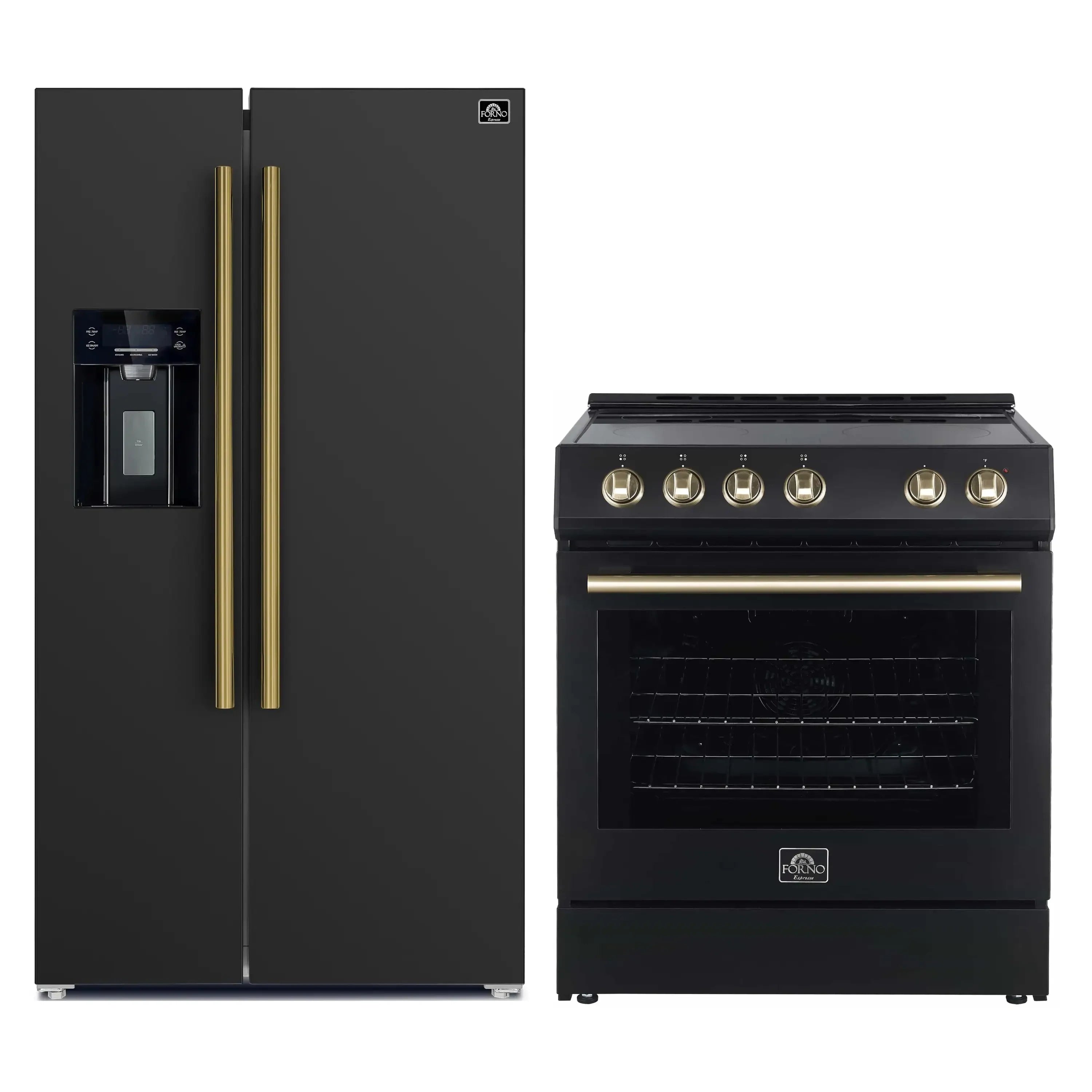 Black side-by-side refrigerator and black electric range with gold accents
