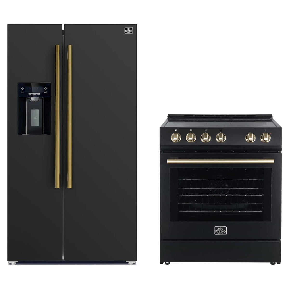 Forno 2-Piece Appliance Package - 30-Inch Electric Range and 36-Inch Side by Side Refrigerator with Water Dispenser in Black with Antique Brass Trim (FBDL-003-14US)