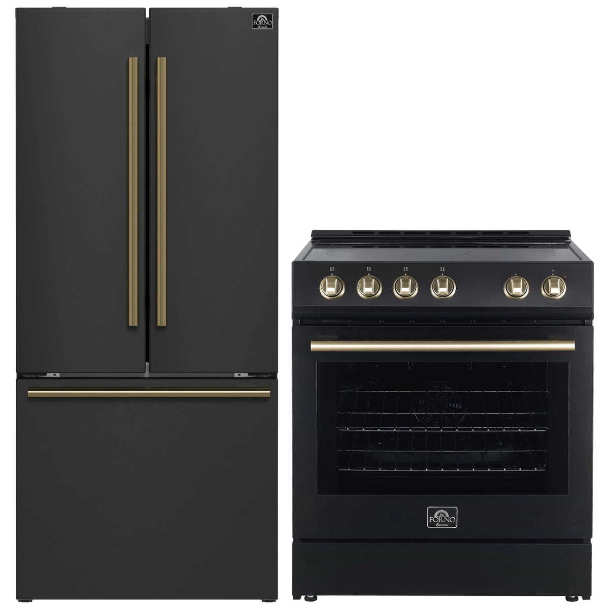 Forno 2-Piece Appliance Package - 30-Inch Electric Range and 30-Inch French Door Refrigerator in Black with Antique Brass Trim (FBDL-003-15US)
