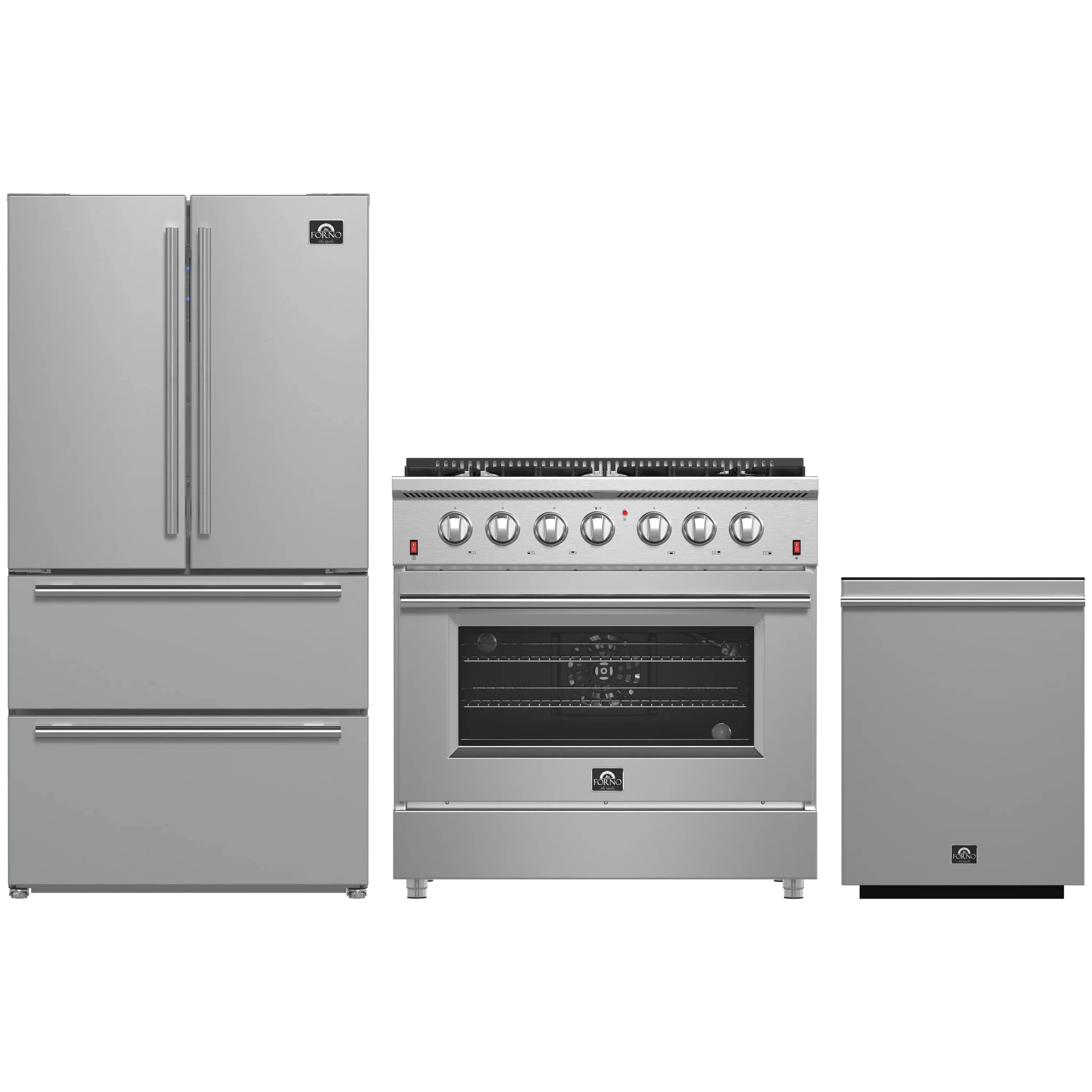 Stainless steel appliance package: gas range, French door refrigerator, and dishwasher