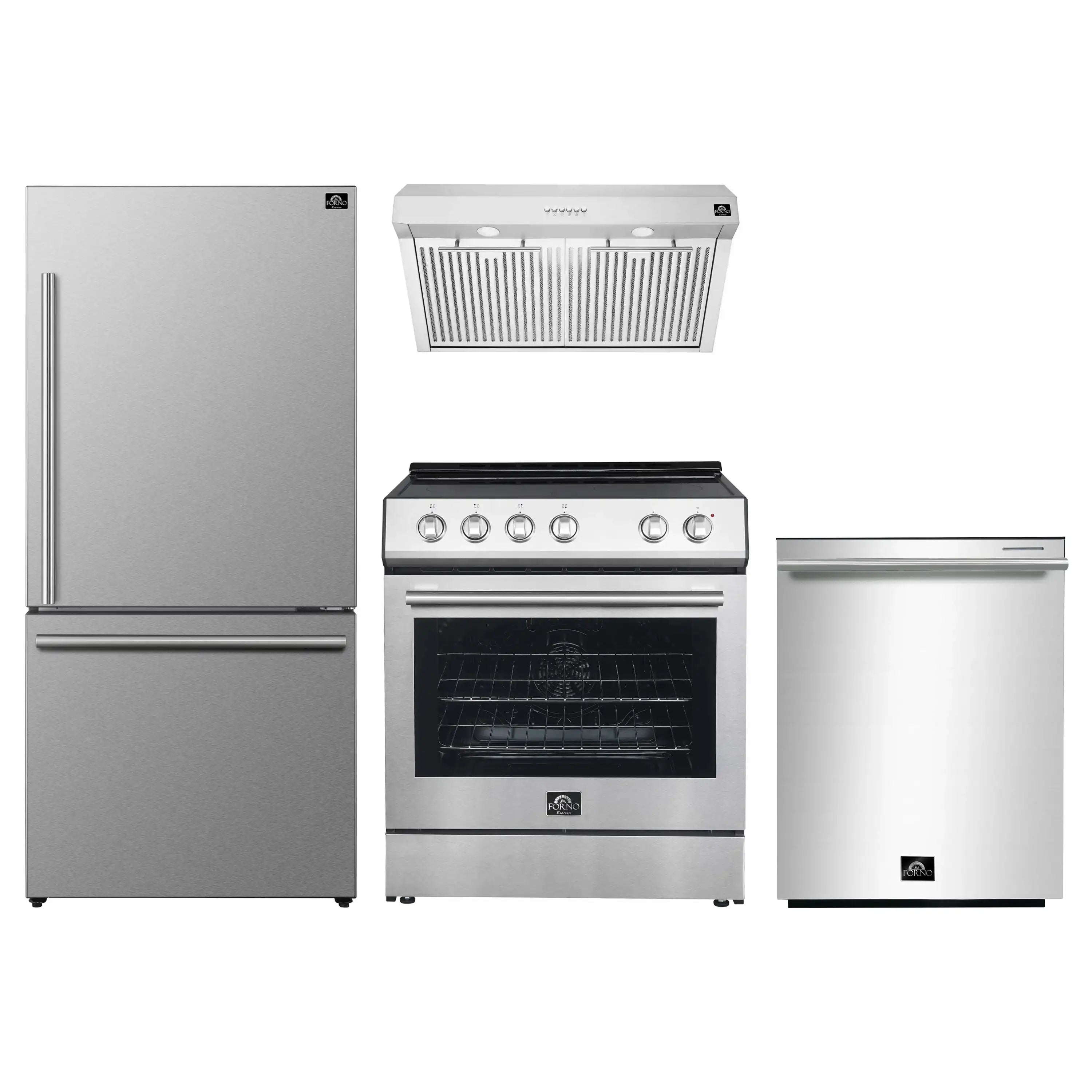 FORNO stainless appliance package with refrigerator, range, hood, and dishwasher