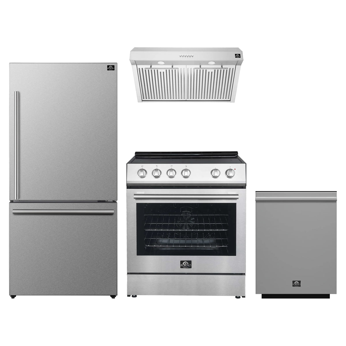 FORNO 4-Piece Appliance Package- 30-Inch Electric Range, Under Cabinet Range Hood, 31-Inch Refrigerator, and Built-In Dishwasher in Stainless Steel (FBDL-006-01US)