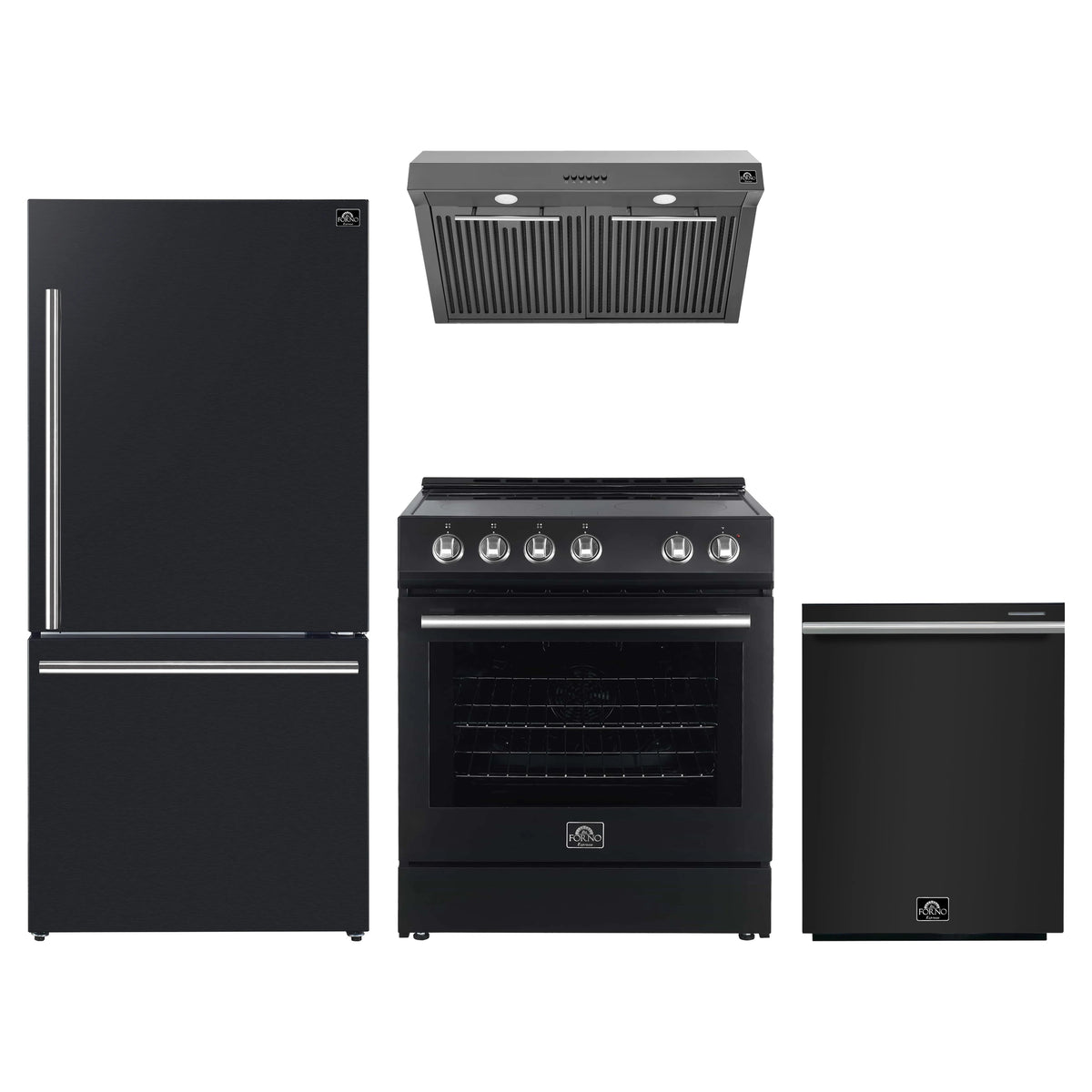 FORNO 4-Piece Appliance Package- 30-Inch Electric Range, Under Cabinet Range Hood, 31-Inch Refrigerator, and Built-In Dishwasher in Black with Stainless Steel Trim (FBDL-006-02US)