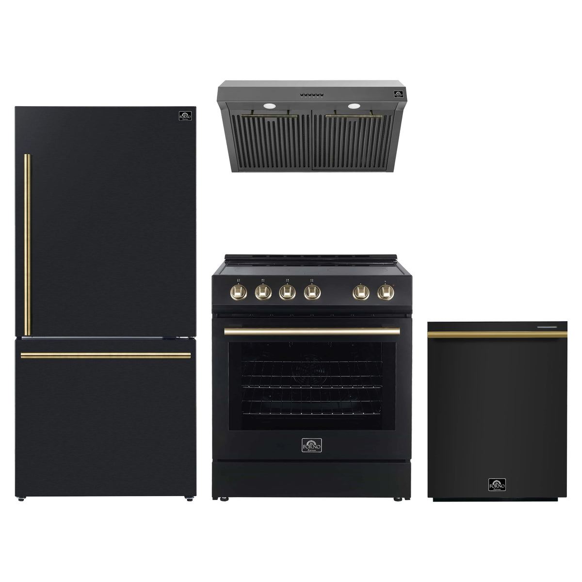 FORNO 4-Piece Appliance Package- 30-Inch Electric Range, Under Cabinet Range Hood, 31-Inch Refrigerator, and Built-In Dishwasher in Black with Antique Brass Trim (FBDL-006-02US)