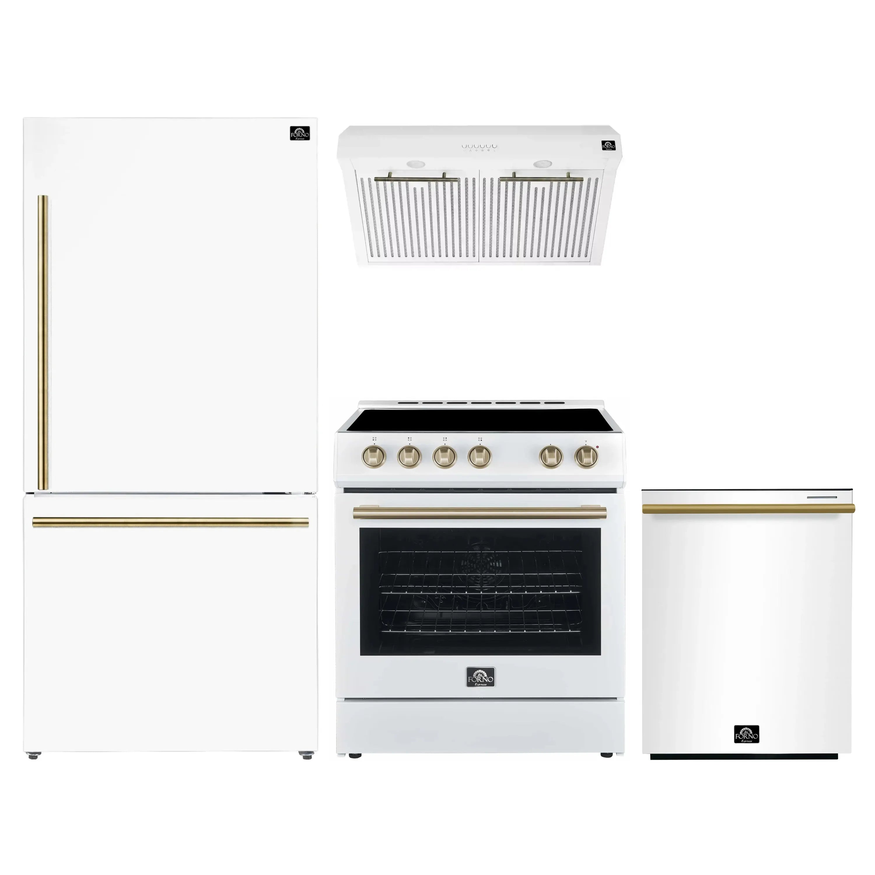 White electric range with brass knobs, oven door, and under-cabinet range hood
