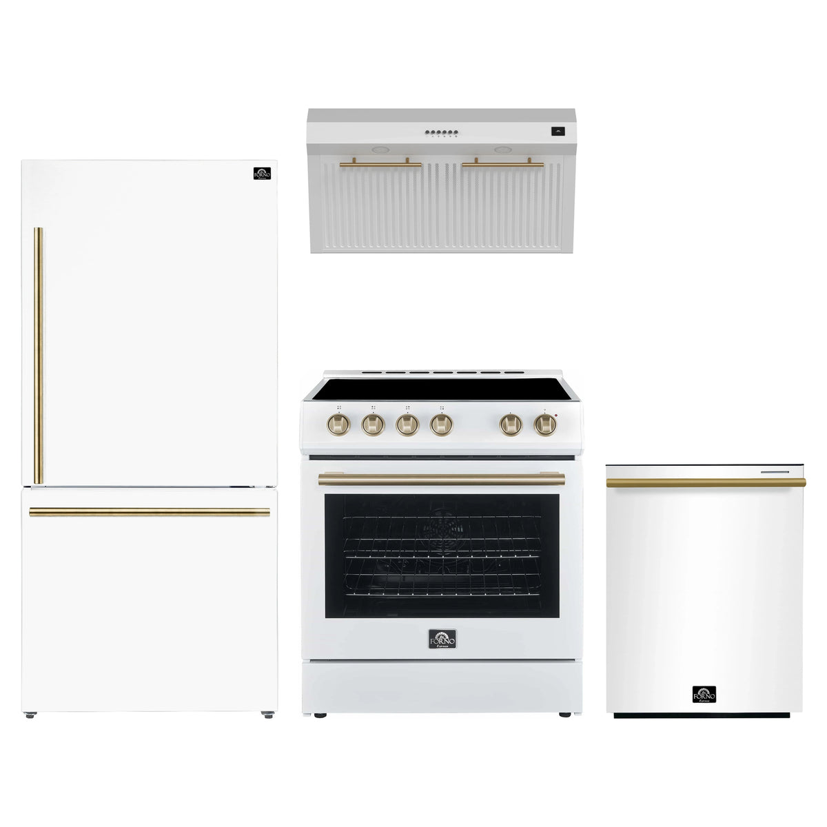 FORNO 4-Piece Appliance Package- 30-Inch Electric Range, Under Cabinet Range Hood, 31-Inch Refrigerator, and Built-In Dishwasher in White with Antique Brass Trim (FBDL-006-03US)