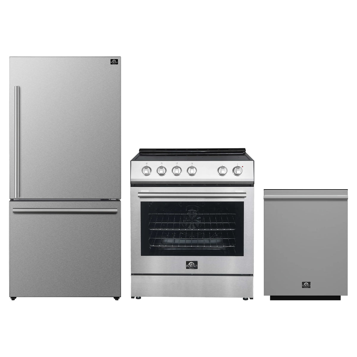Forno 3-Piece Appliance Package - 30-Inch Leonardo Espresso Electric Range, Refrigerator, & Dishwasher in Stainless Steel (FBDL-007-01US)