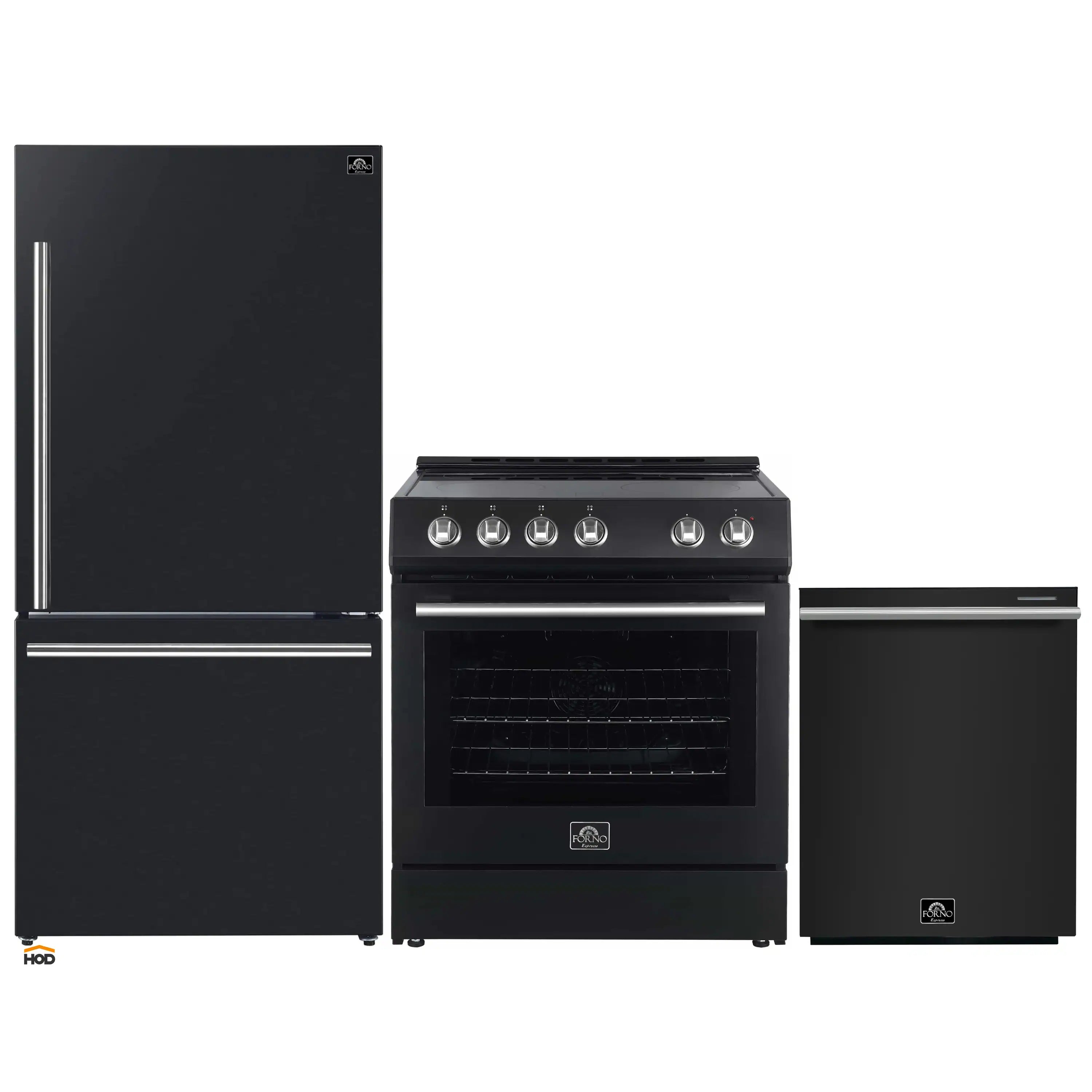 3-piece appliance package: black refrigerator, electric range, and dishwasher set with stainless trims
