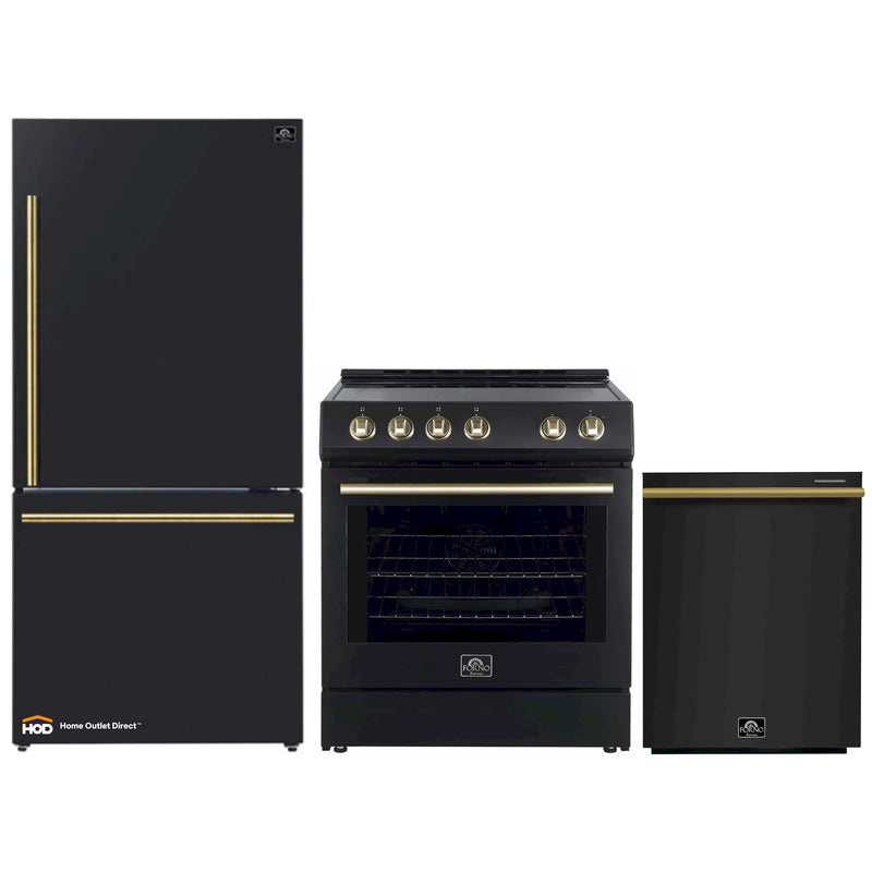Forno 3-Piece Appliance Package - 30-Inch Leonardo Espresso Electric Range, Refrigerator, & Dishwasher in Black with Antique Brass Handle (FBDL-007-02US)