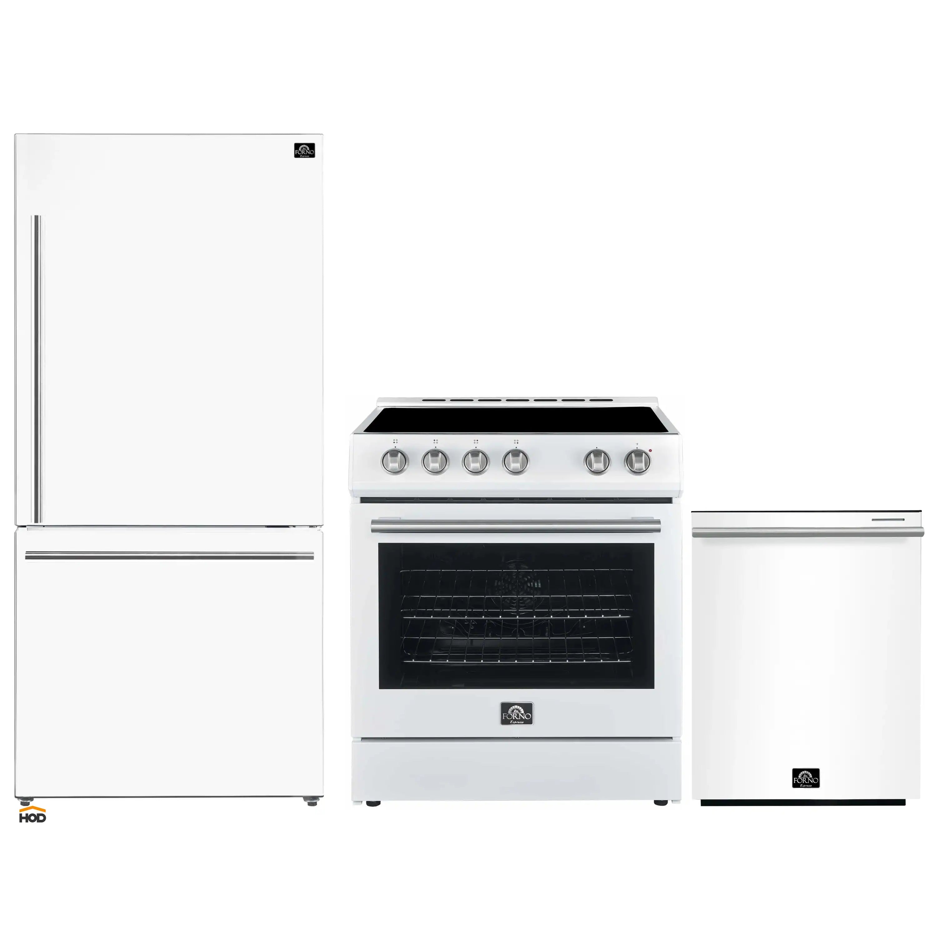 3-piece kitchen appliance set: white refrigerator, white electric range, and dishwasher
