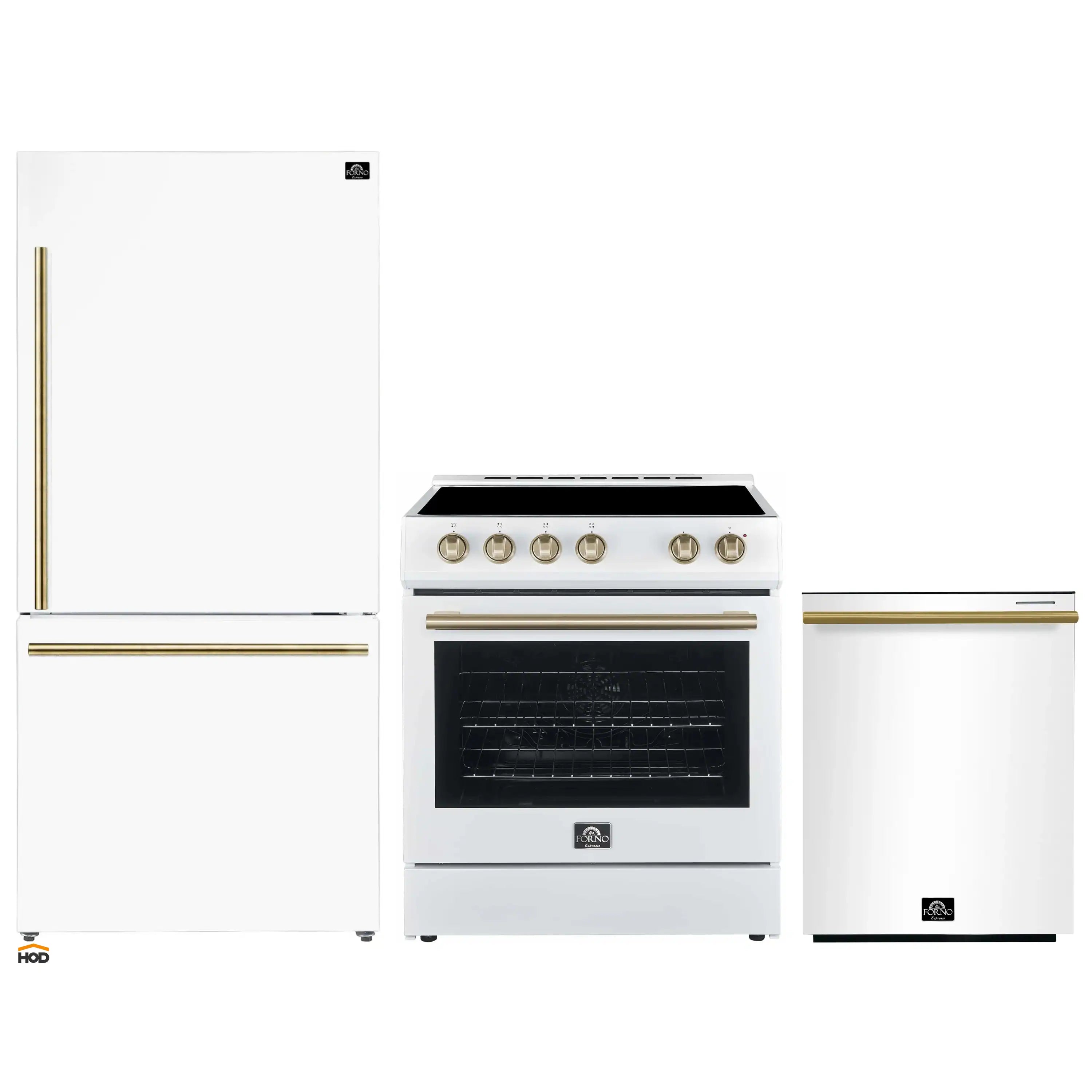 White appliance package with electric range, refrigerator, and dishwasher; brass handles