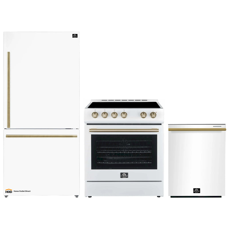 Forno 3-Piece Appliance Package - 30-Inch Leonardo Espresso Electric Range, Refrigerator, & Dishwasher in White with Antique Brass Handle (FBDL-007-03US)