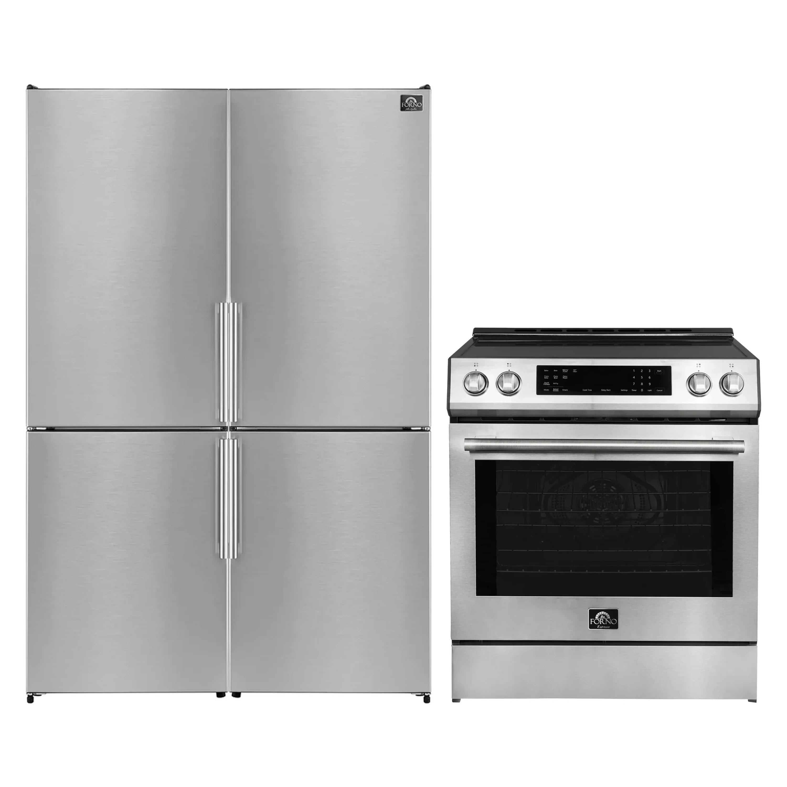 Stainless steel refrigerator and induction range set with control panel and oven door