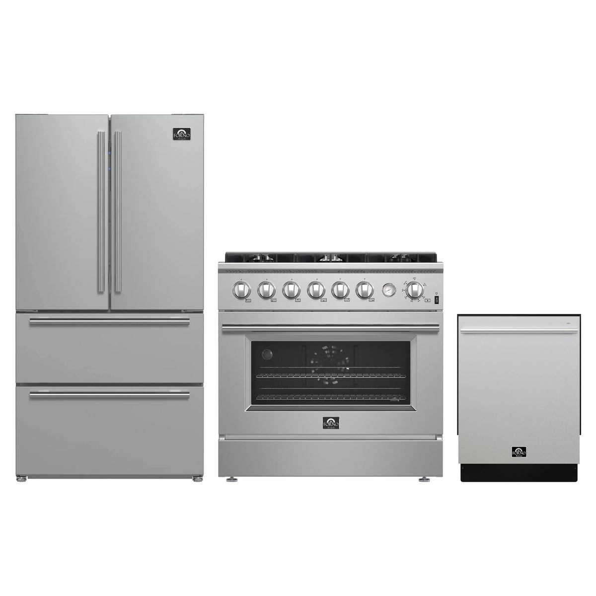 Forno 3-Piece Appliance Package - 36-Inch Marco Gas Range, French Door Refrigerator, & Dishwasher in Stainless Steel (FBDL-009-01CAUS)